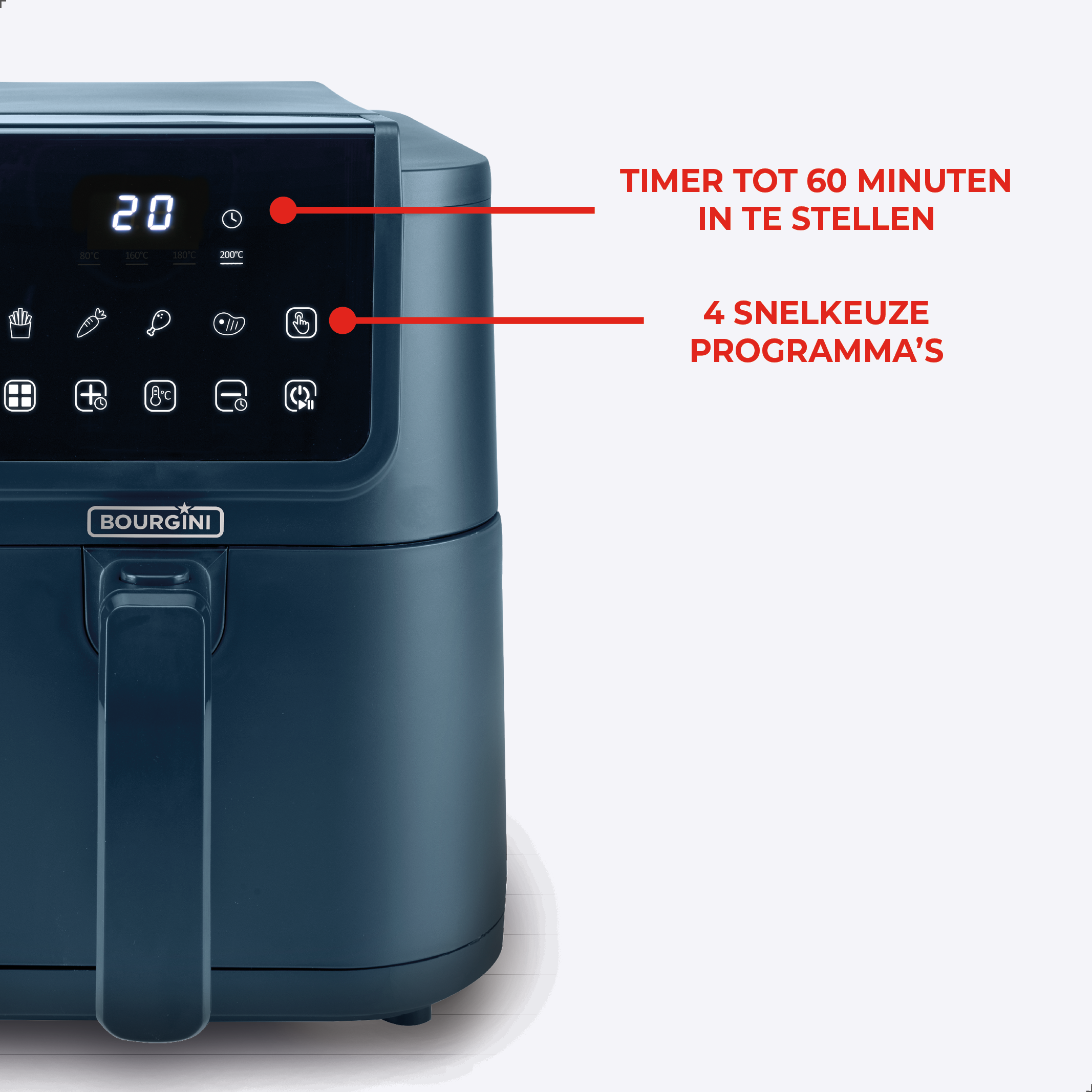 Donkerblauwe airfryer met digitaal display. Knoppen tonen kookopties.