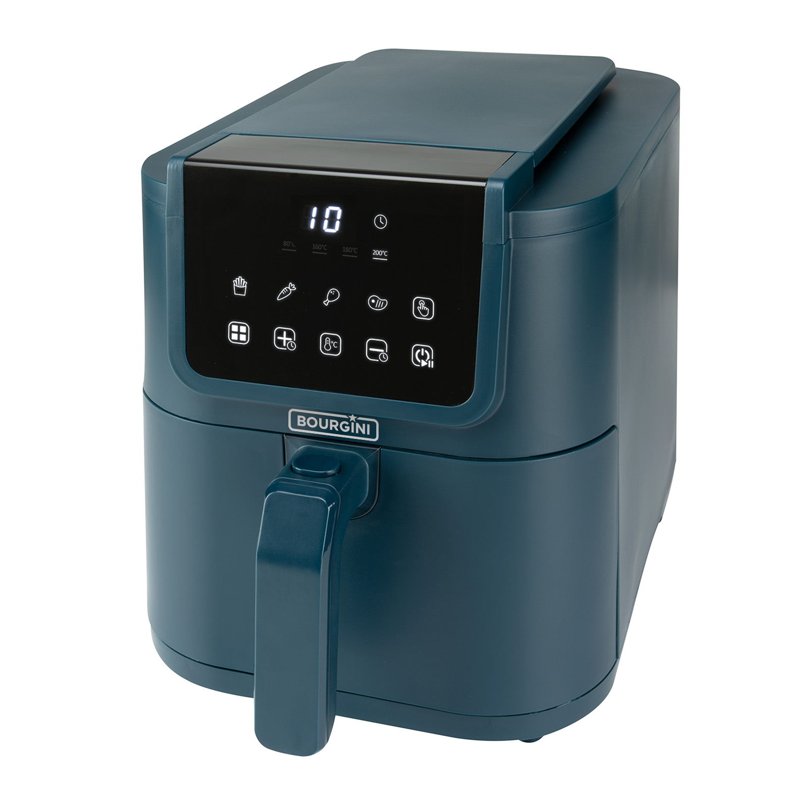 Blauwe airfryer met een digitaal display, witte achtergrond.