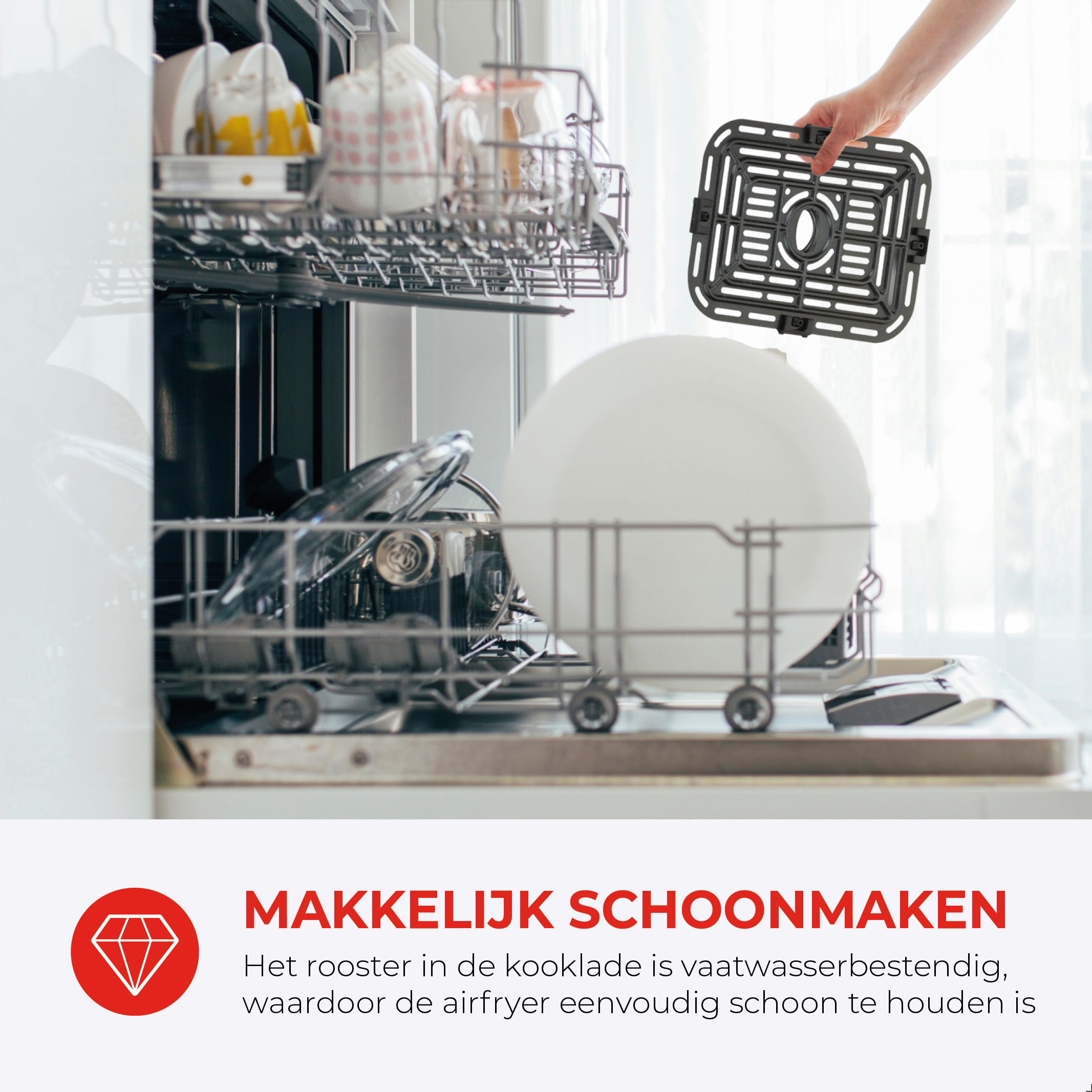Vaatwasser met een uitneembare airfryer-mand. Tekst: 'Makkelijk schoon te maken'.