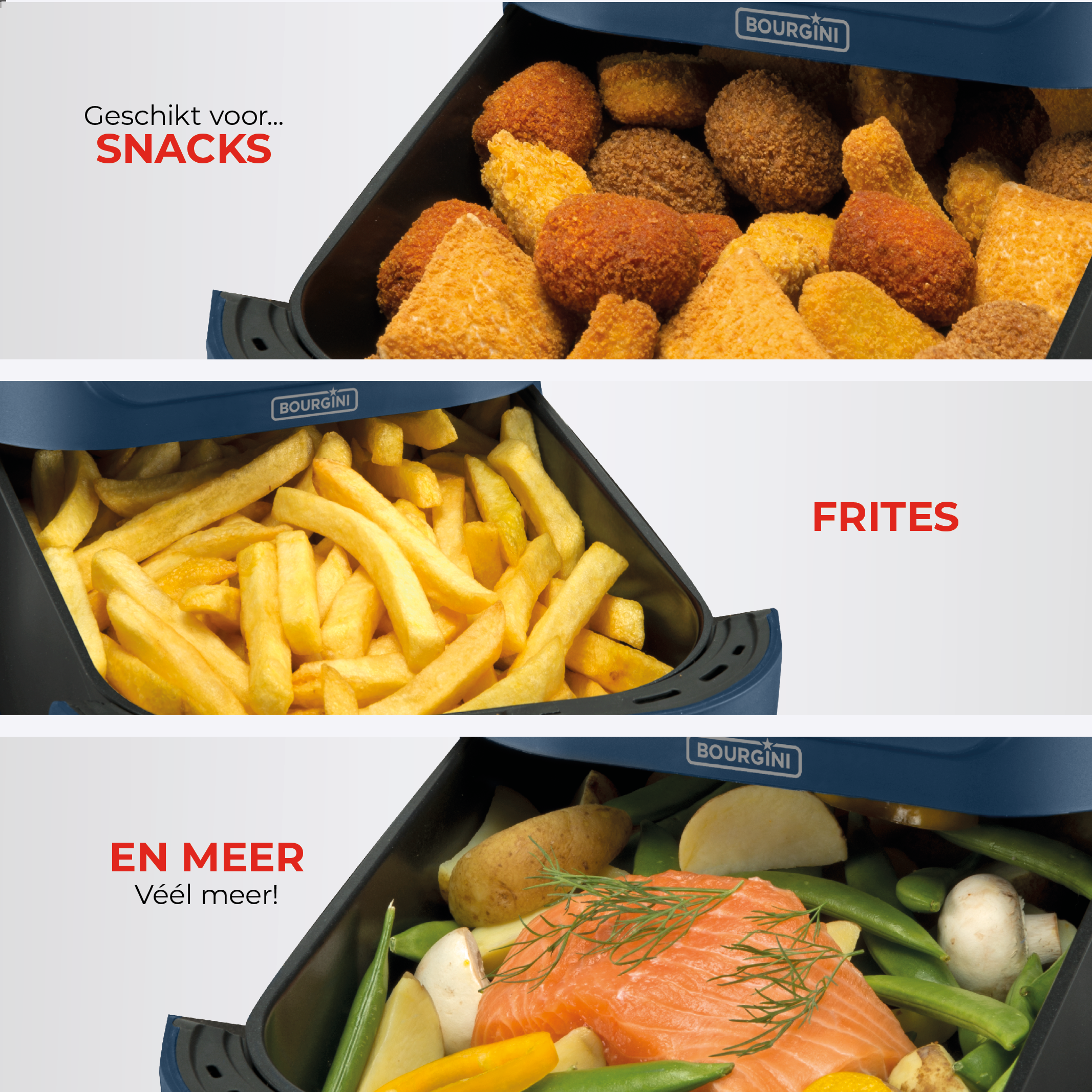 Drie afbeeldingen van voedsel in airfryer manden: snacks, friet en groenten met zalm.
