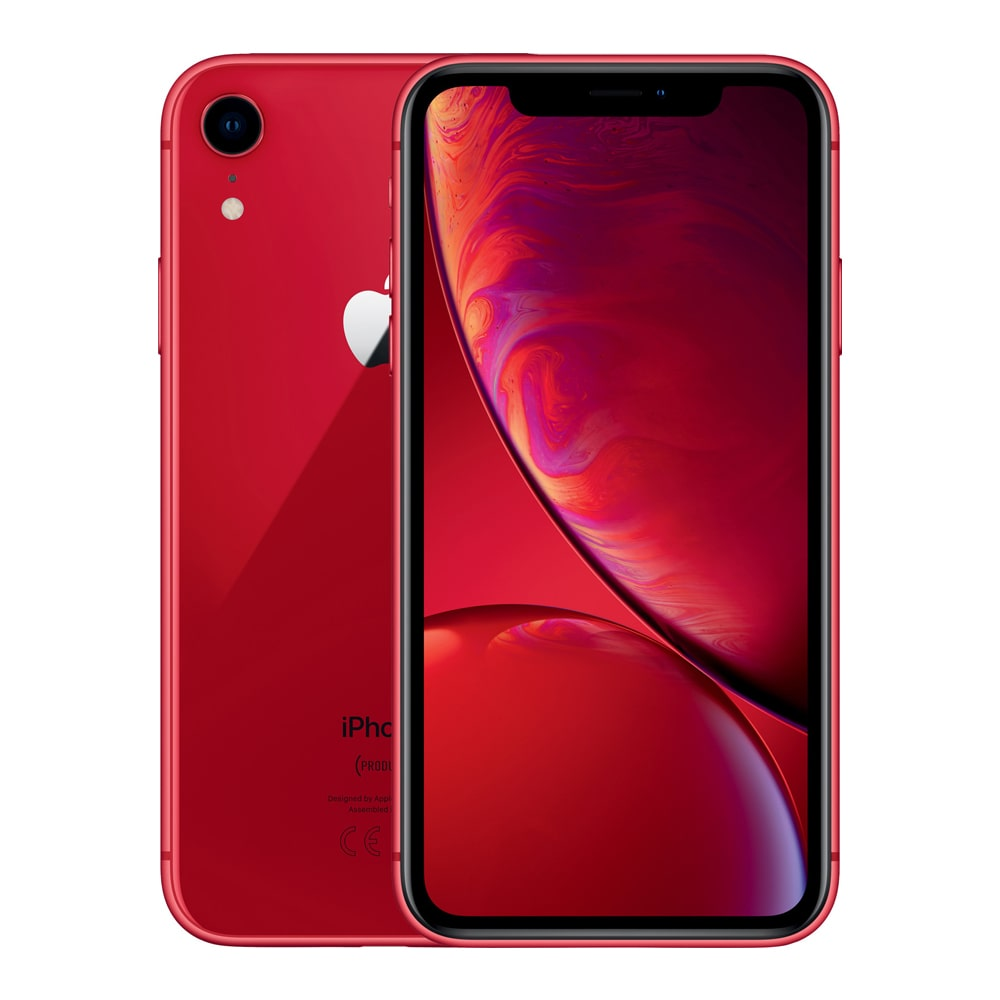 Rode iPhone XR met twee weergaven die de voor- en achterkant van de telefoon laten zien.