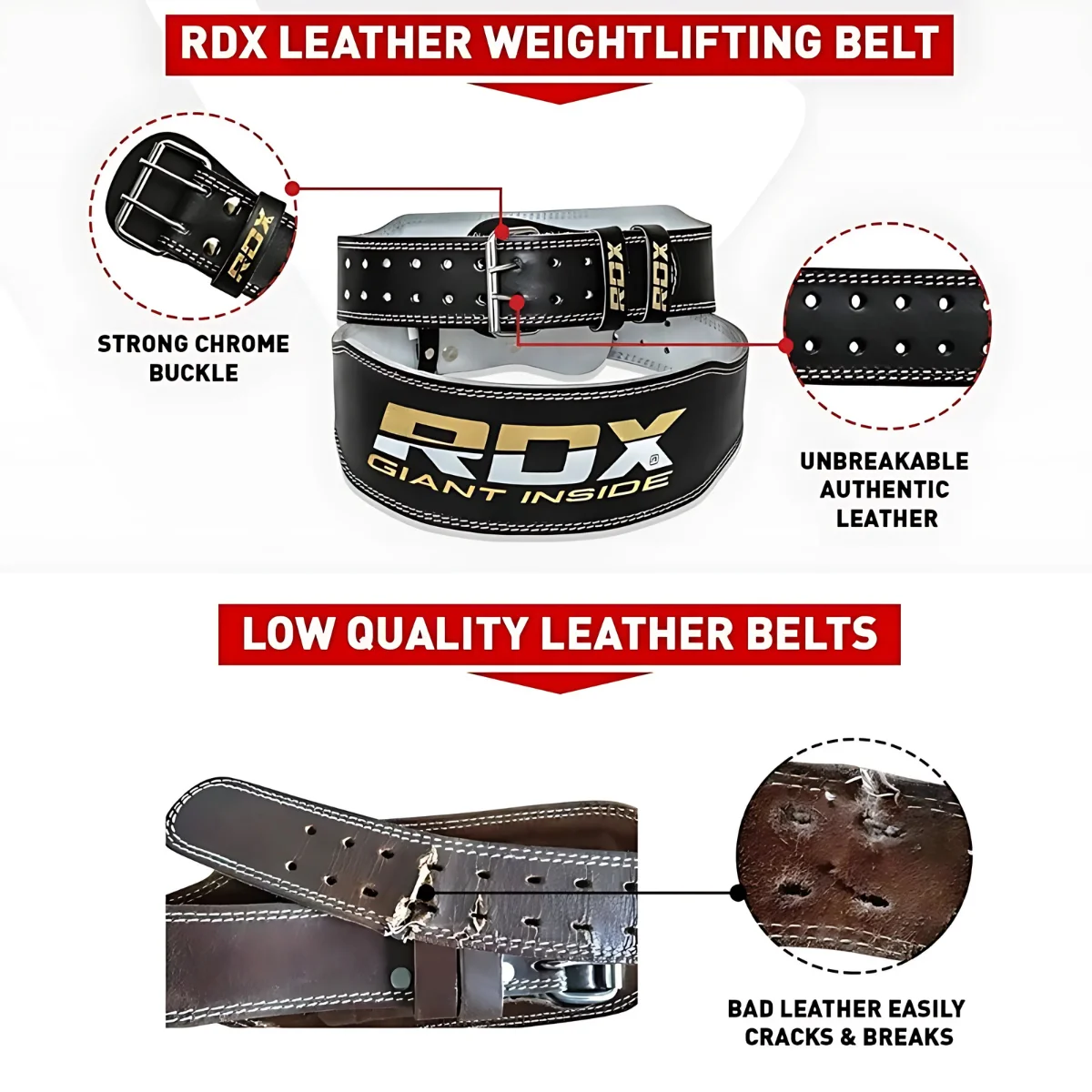 Weightlifting belts comparison. RDX leather vs low quality belts, with detailed labels and closeups.