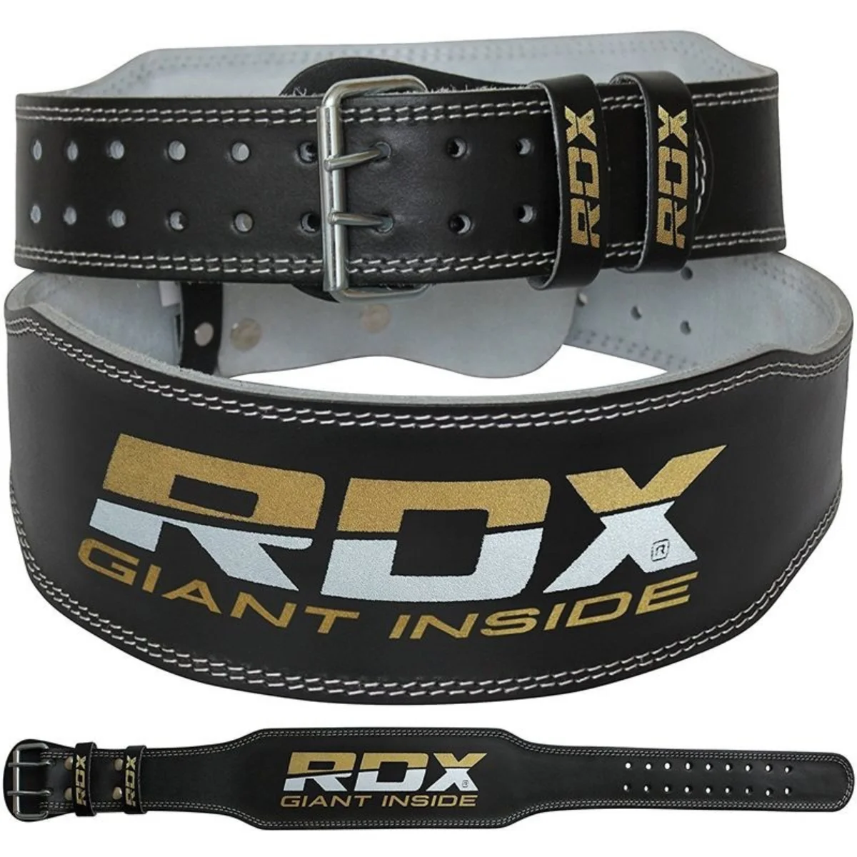 Black and gold weightlifting belt with the text 'RDX GIANT INSIDE' on it.
