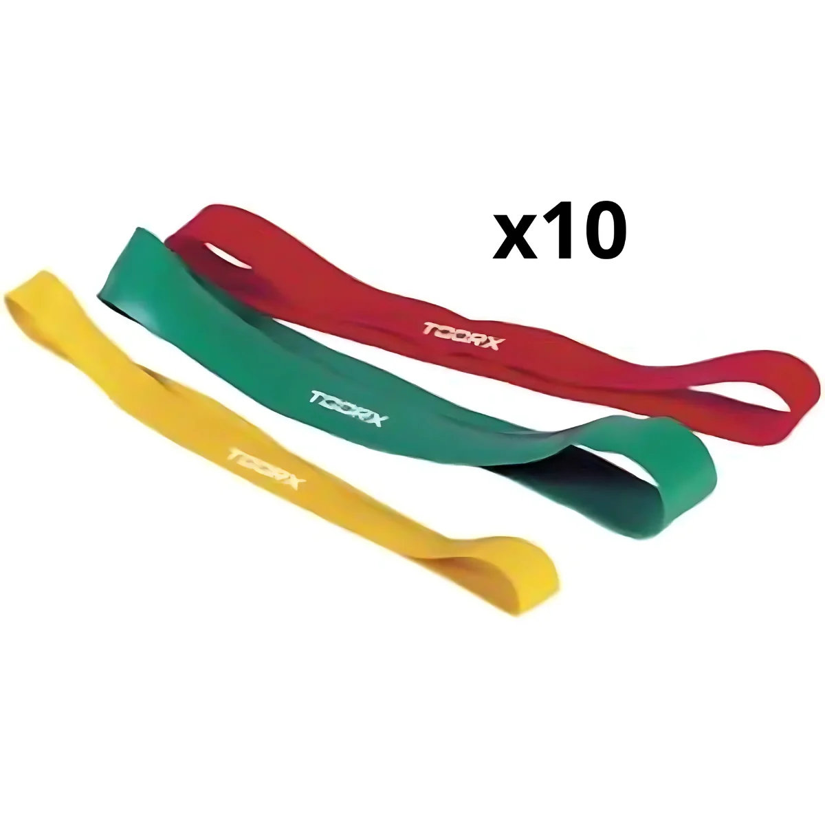 Three colored resistance bands: yellow, green, and red, with the text x10.