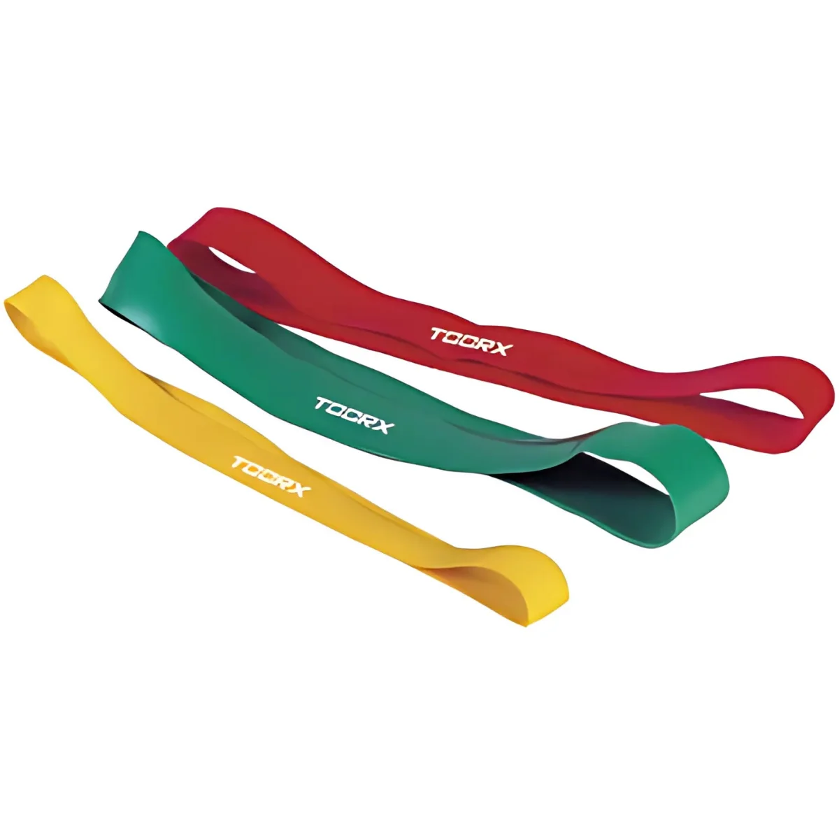 Three resistance bands: yellow, green, and red. The brand name is printed on each band.
