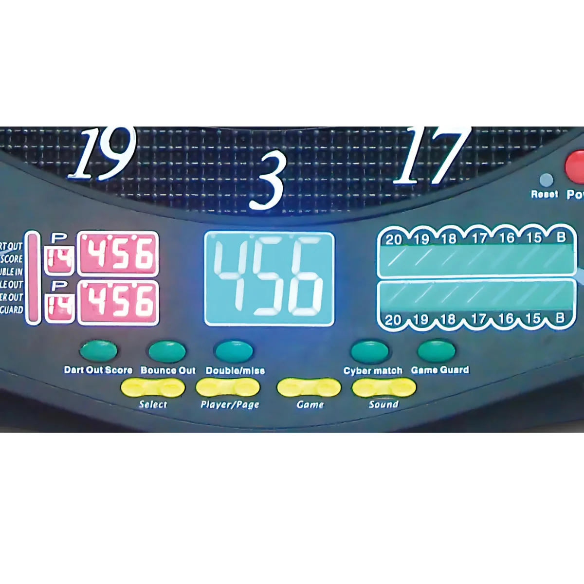 A dart scoreboard displaying scores. Digital display shows scores and game details. Numbers 19, 3, and 17 are visible.