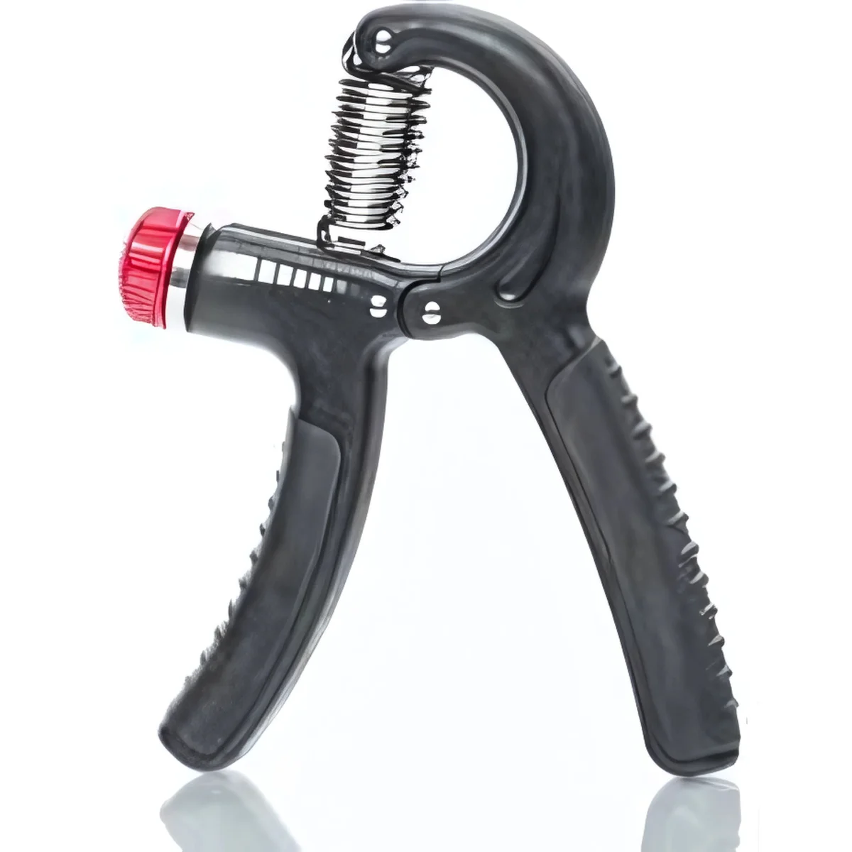 A black hand grip exerciser with a red adjustment knob and a silver spring.