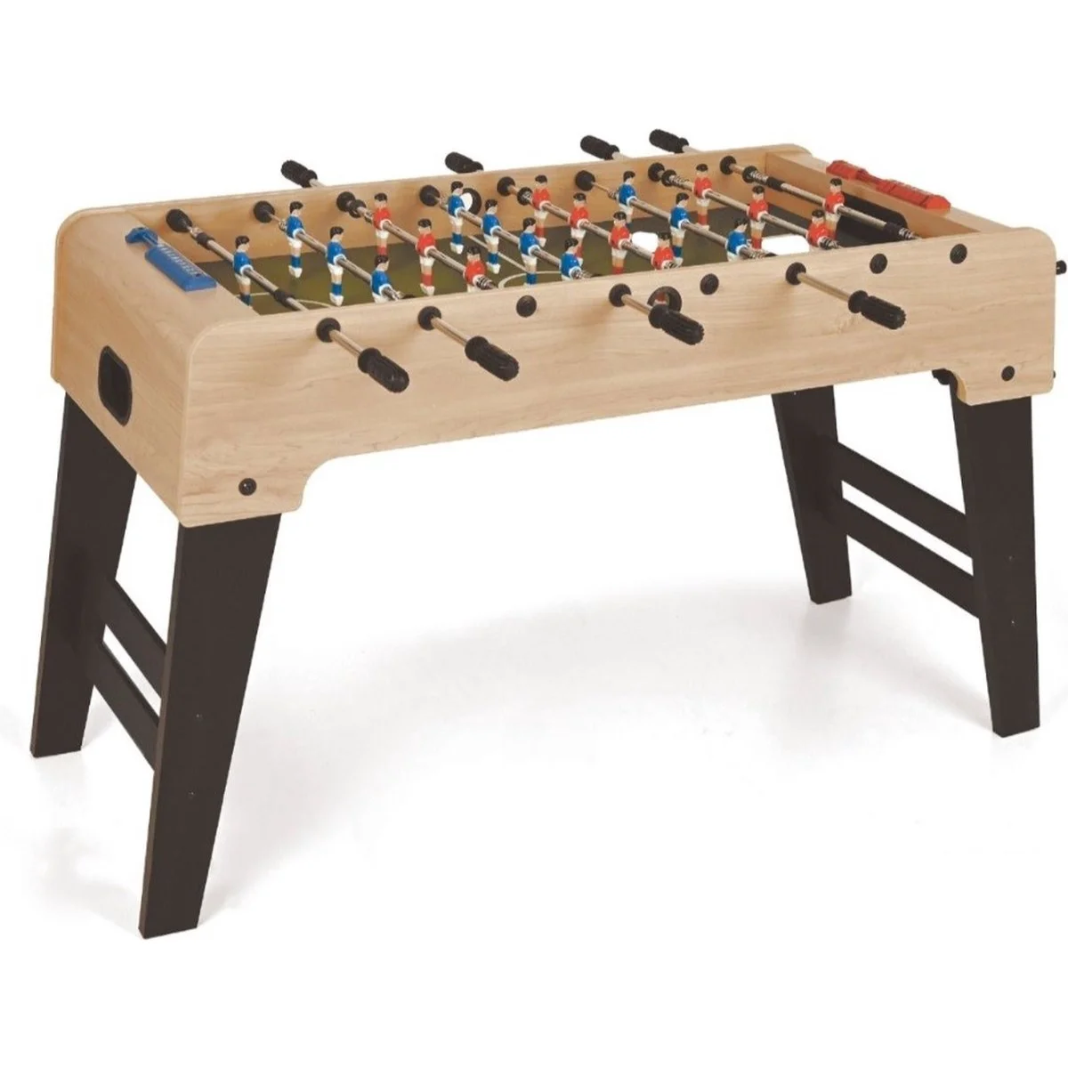 Foosball table with players in blue and red, green field, light wood frame, and black legs.
