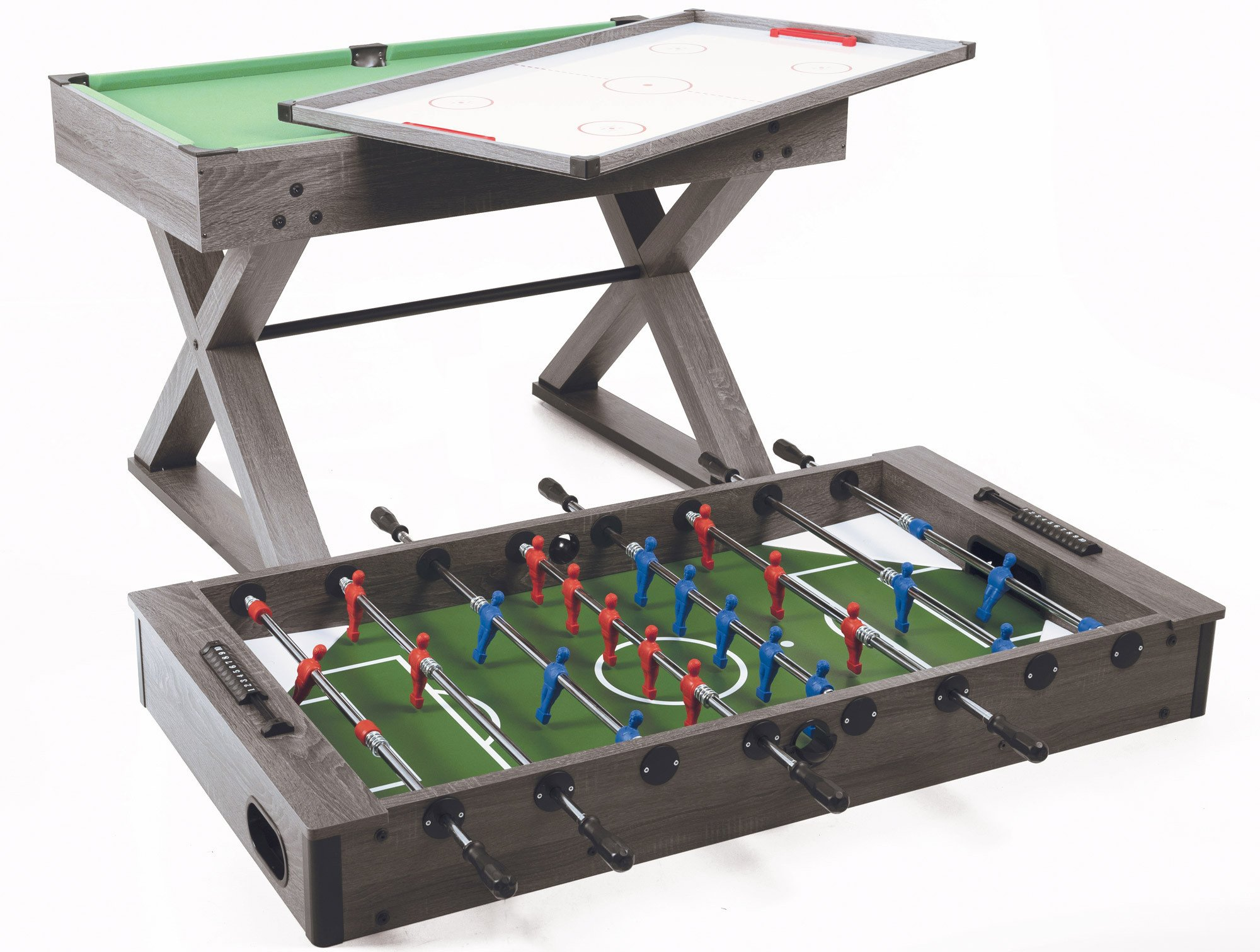 Multi-gametafel met pool, airhockey en tafelvoetbal. Grijs hout en groen vilt.