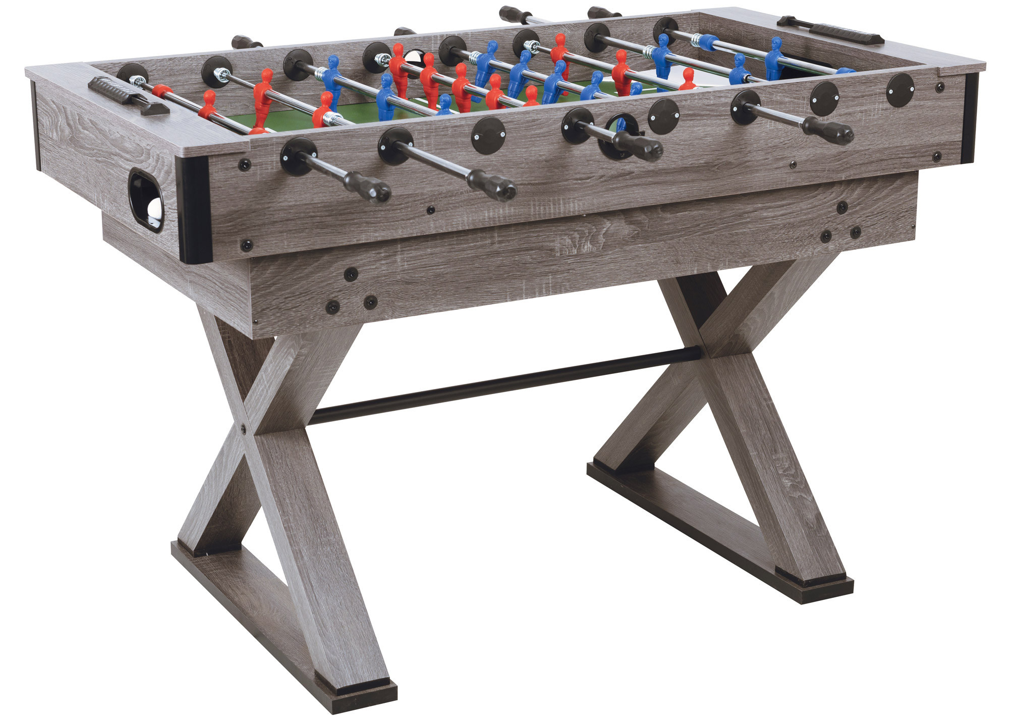 Tafelvoetbaltafel met grijs houten frame en poten, met rode en blauwe spelers. Groen veld met metalen stangen.