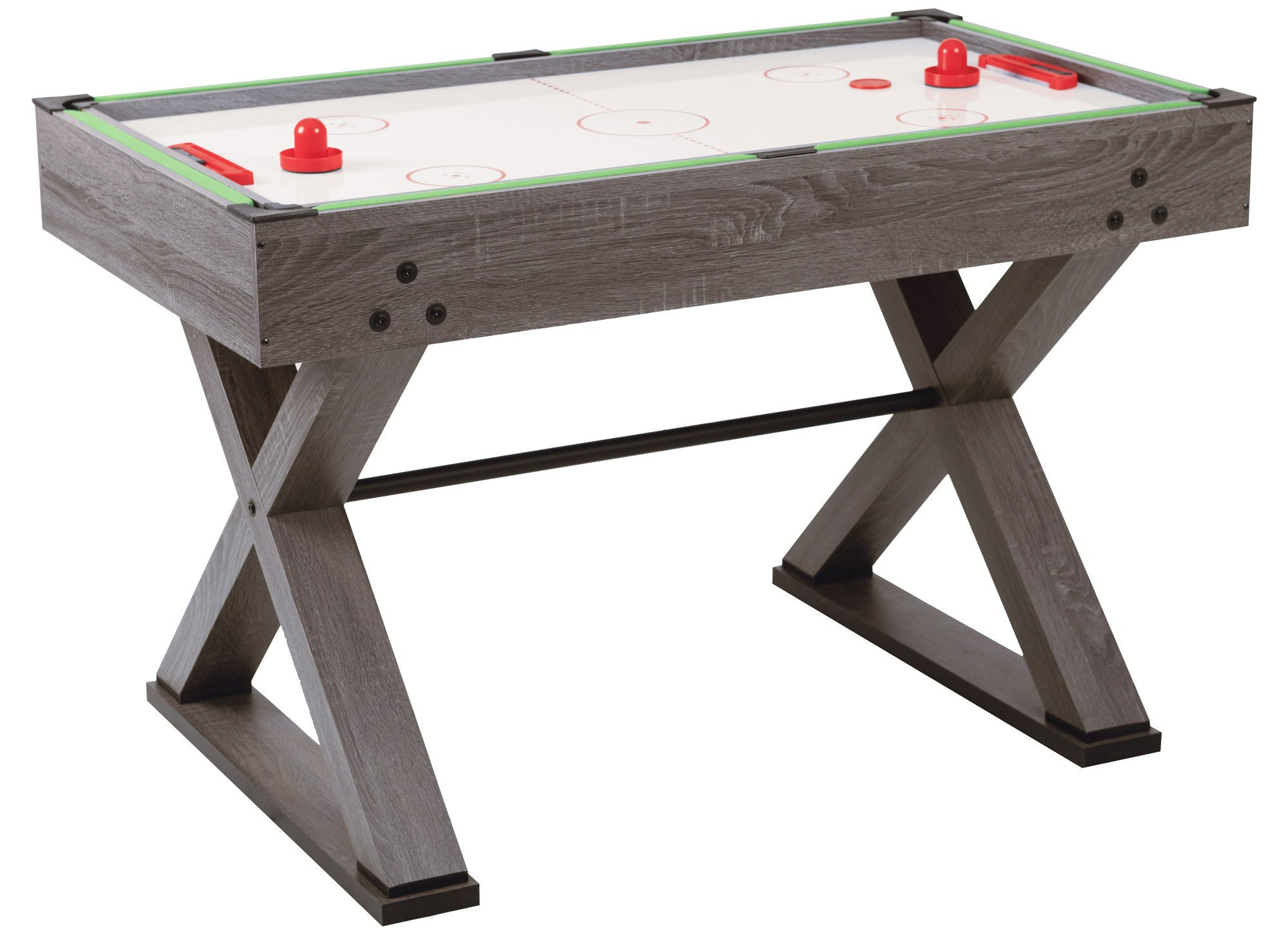 Een airhockeytafel met een grijs houten frame, groene randen en rode pucks.