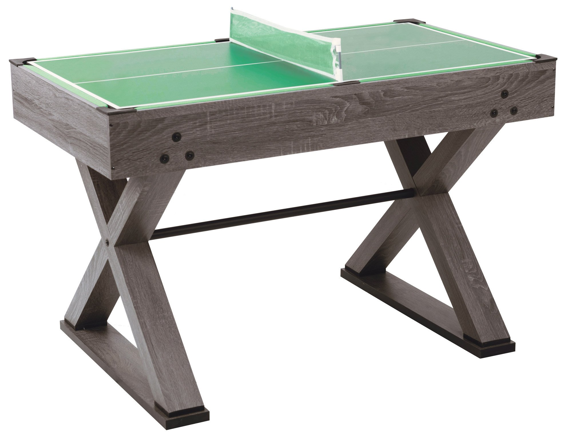 Een houten pingpongtafel met een groen speelveld en een wit net.
