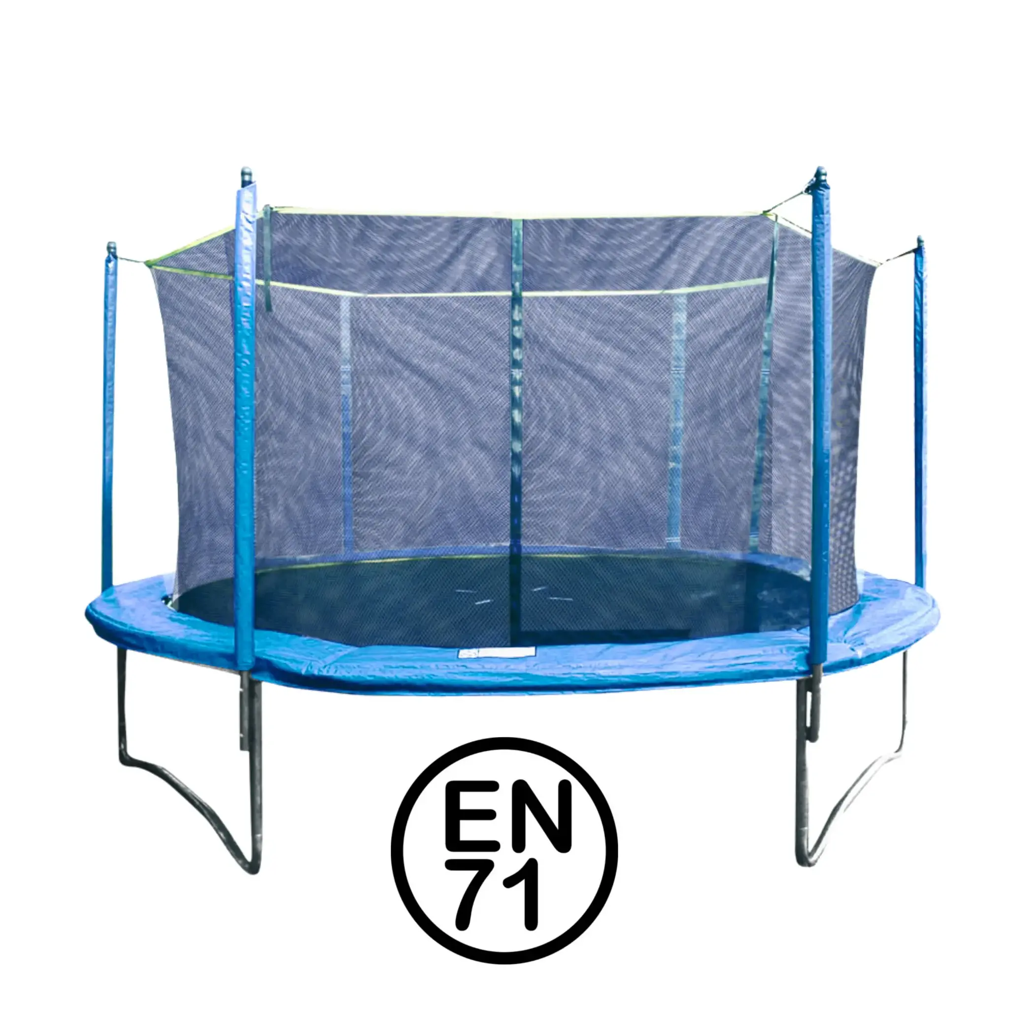 Een blauwe trampoline met veiligheidsnet, metalen poten en EN71-markering.