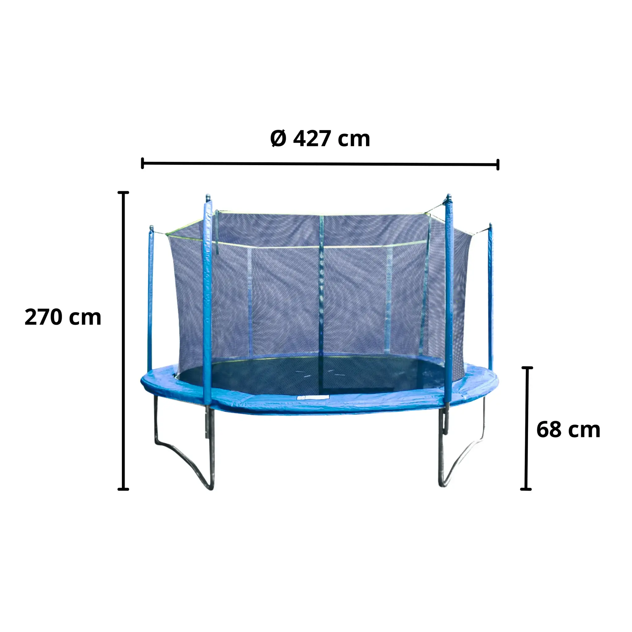 Trampoline met veiligheidsnet en afmetingen.