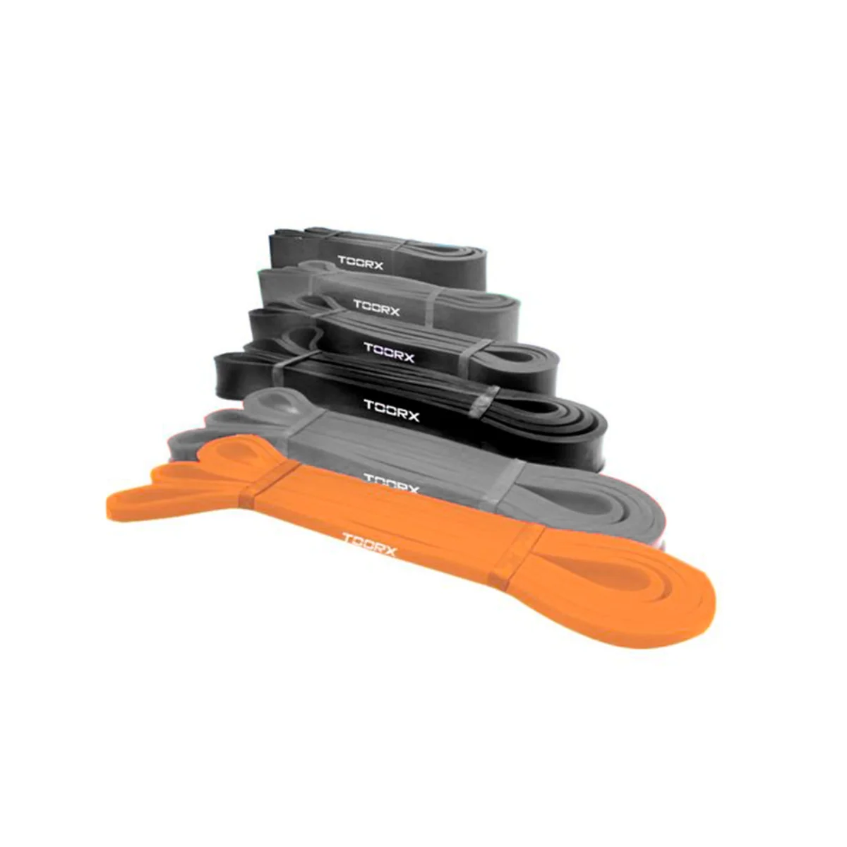 A set of resistance bands, with orange, gray, and black bands on a white background.