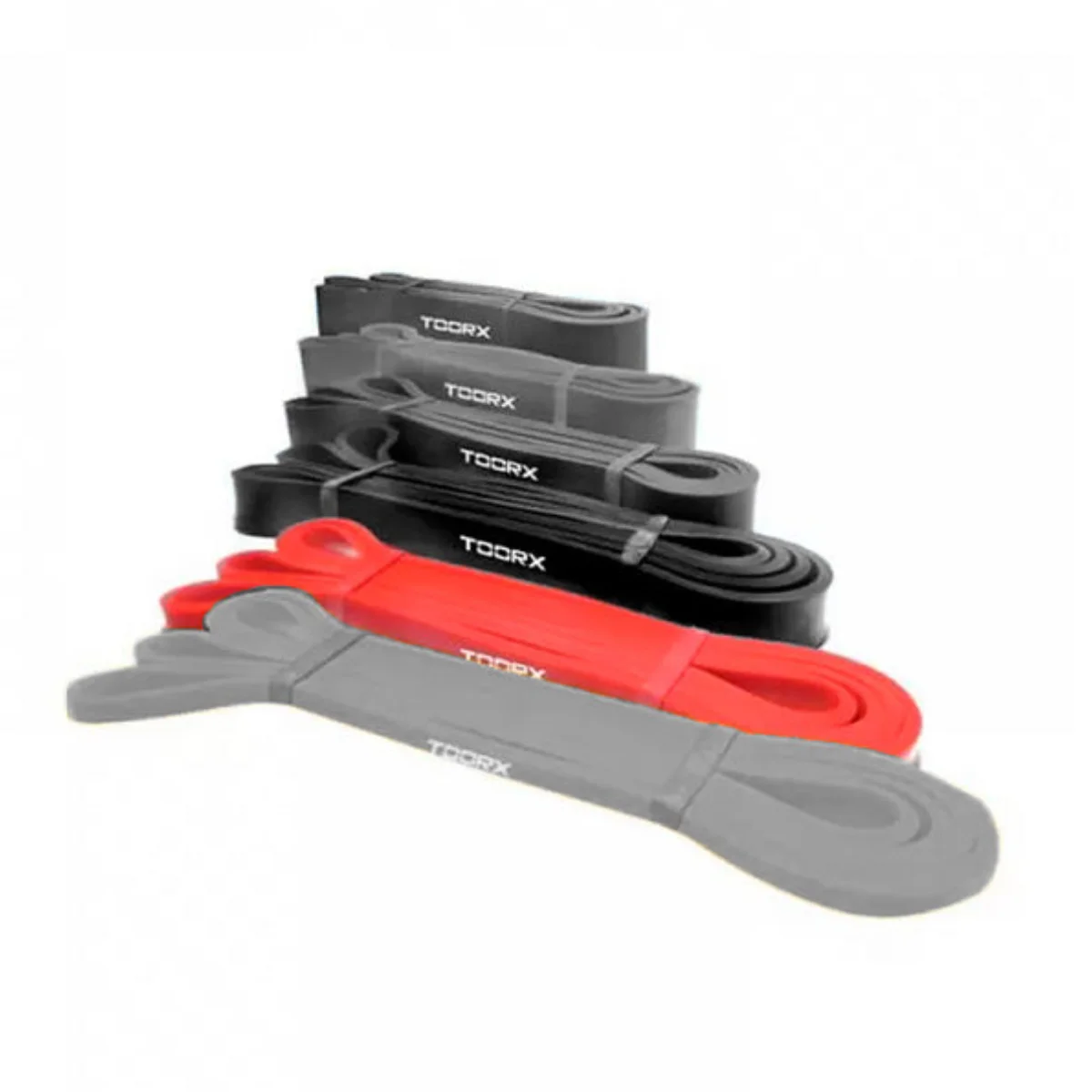 A set of colored resistance bands, with red, grey and black bands in a white background.