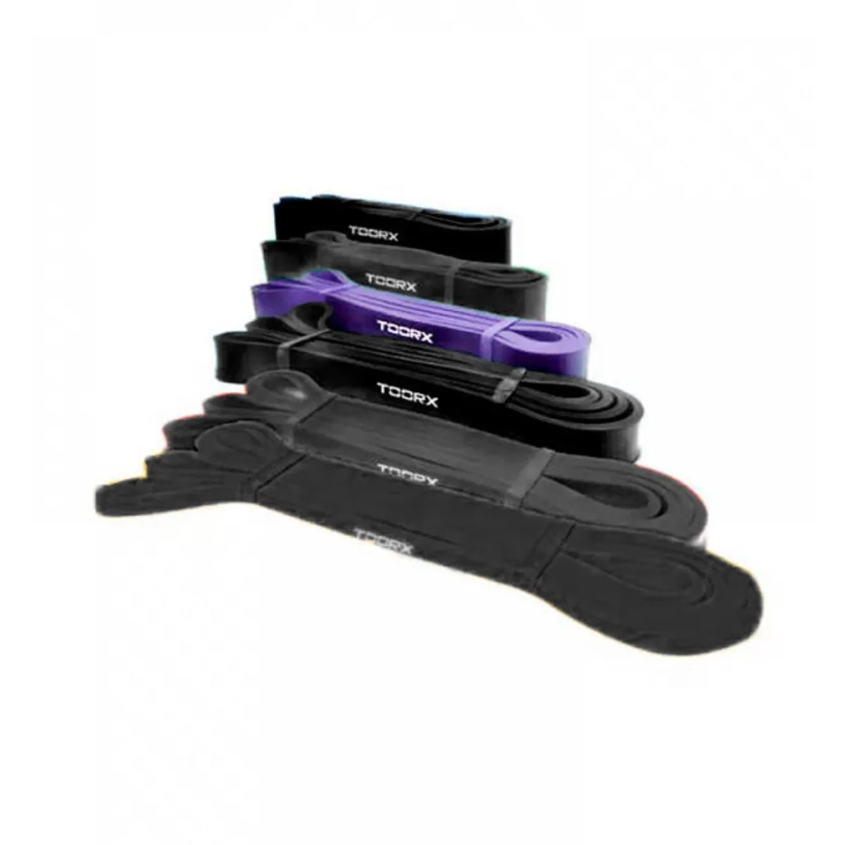 Multiple resistance bands in a row. The bands are black, purple and black.