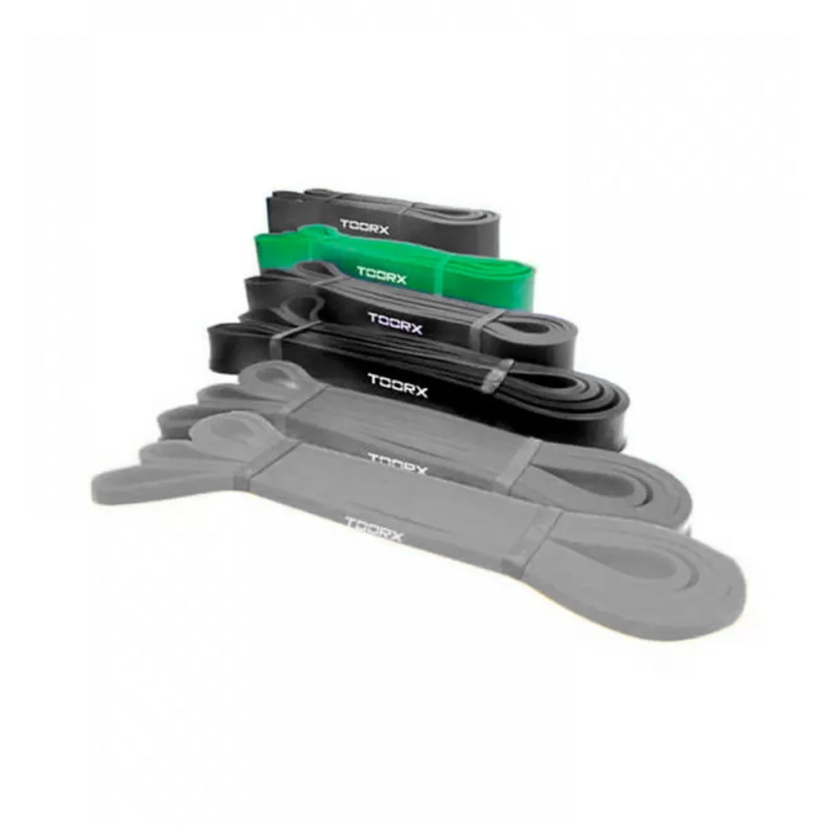 Five resistance bands: gray, black, green, and two black. The bands are on a white surface.