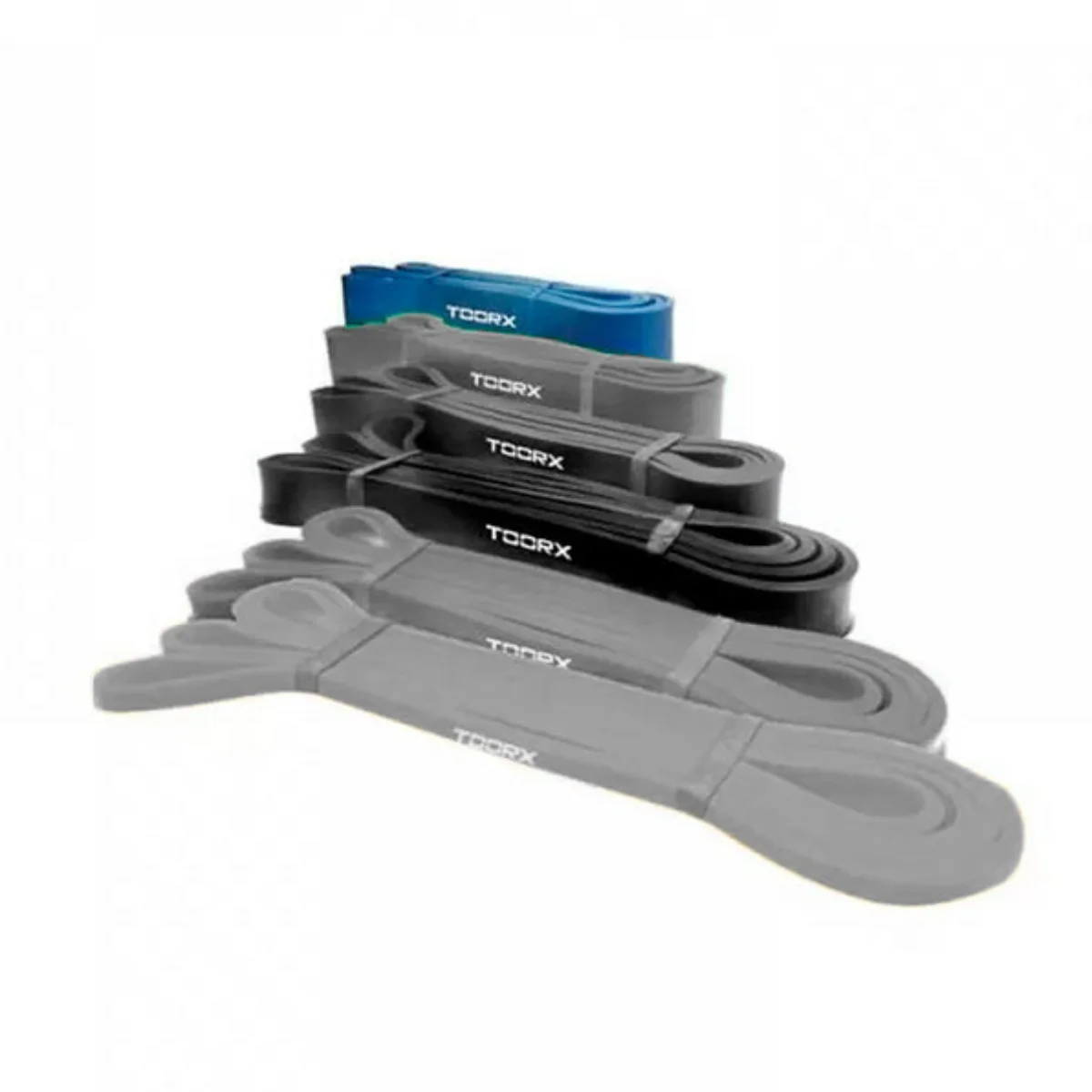Five resistance bands in gray, black, and blue, arranged in a row, with the brand name on them.