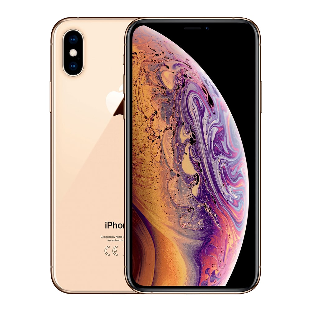 Gouden iPhone XS op witte achtergrond, met achterkant en scherm. Camera is zichtbaar.