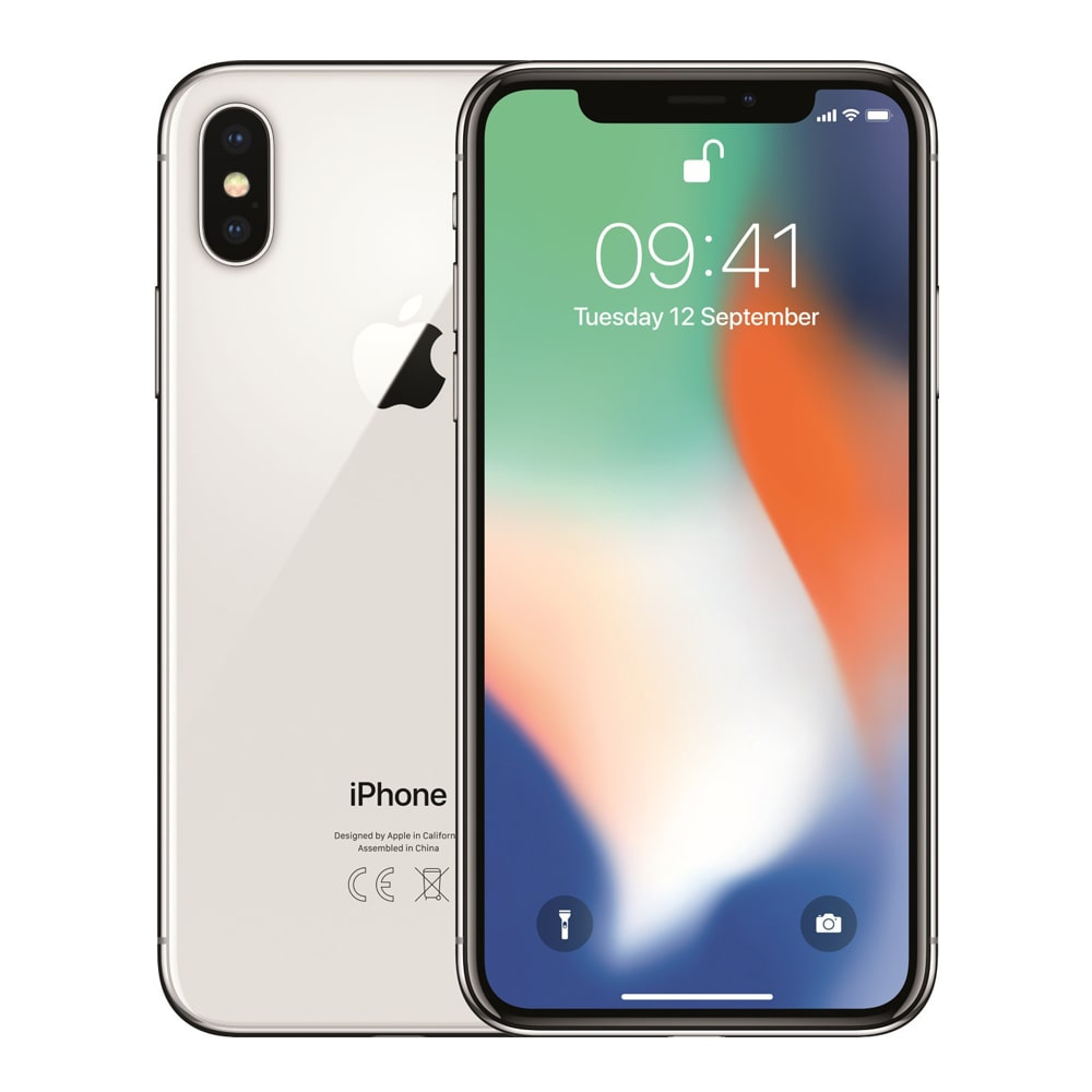 Biały iPhone X na białym tle, pokazujący ekran.