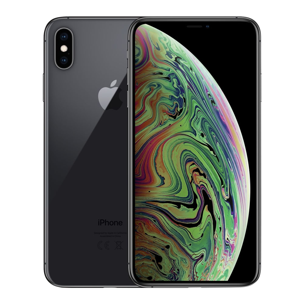 Een donkergrijze iPhone XS Max, met de achter- en voorkant zichtbaar. Het scherm toont een kleurrijk beeld.