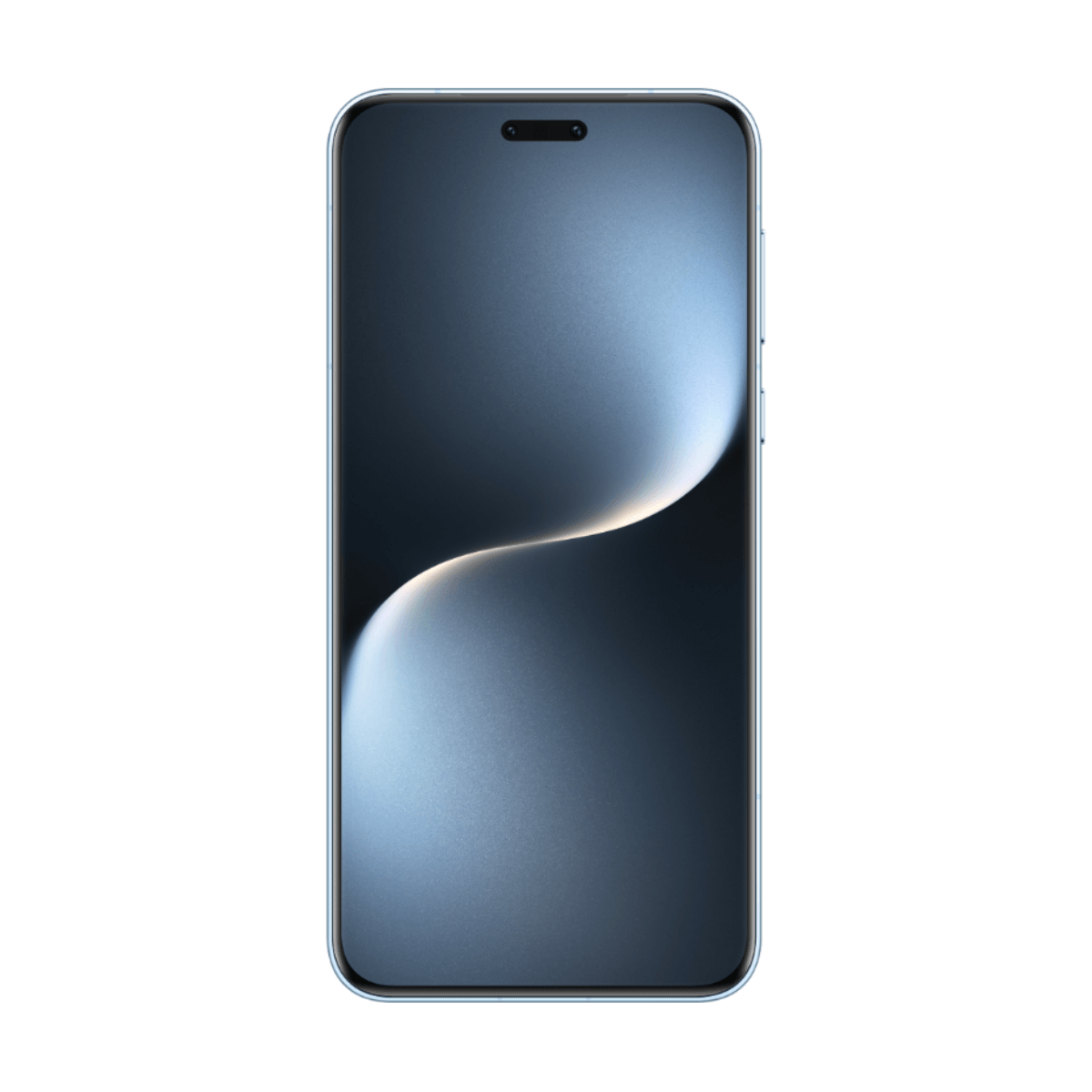 Smartfon z niebieskim gradientem na ekranie. Srebrna ramka i przedni aparat.