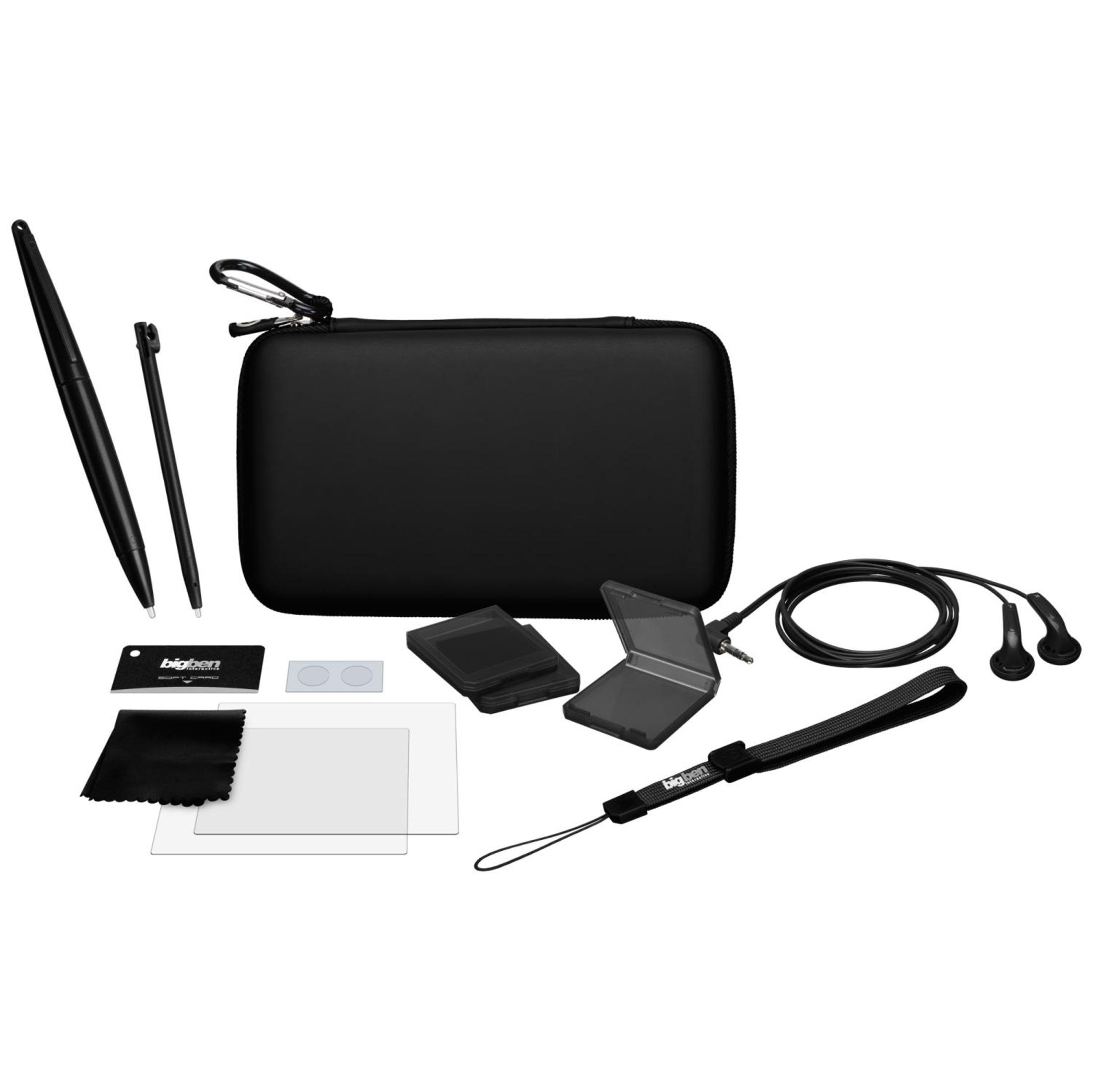 Kit di accessori nero con penna, stilo, protezioni schermo e cuffie su sfondo bianco.