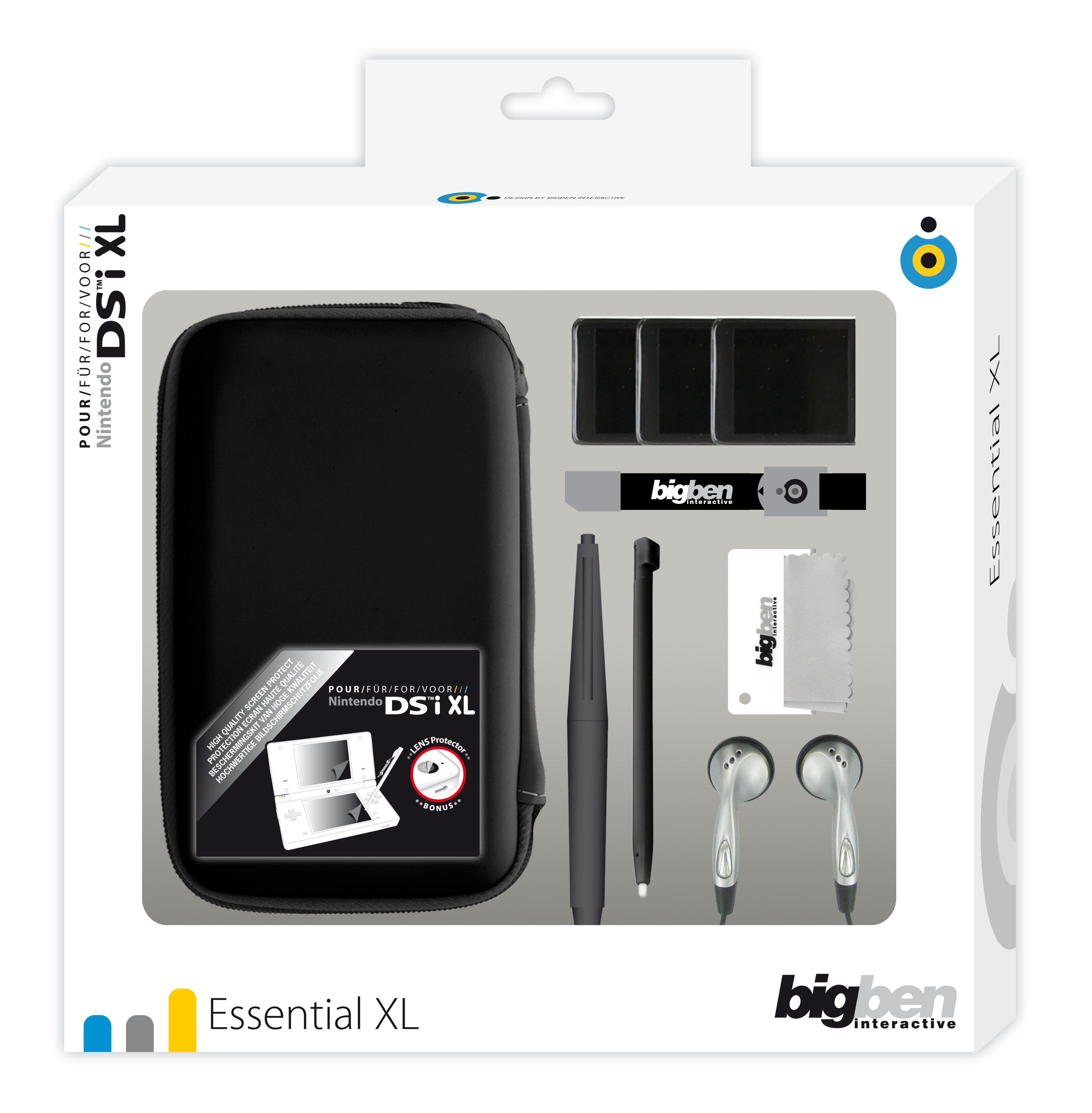 Custodia nera Nintendo DSi XL con accessori, in una scatola bianca con testo.
