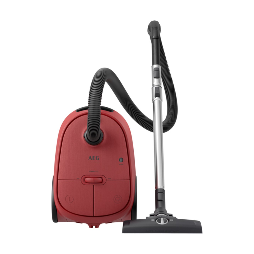 Red AEG vacuum cleaner. It has a hose and a cleaning head. The vacuum is on a white background.