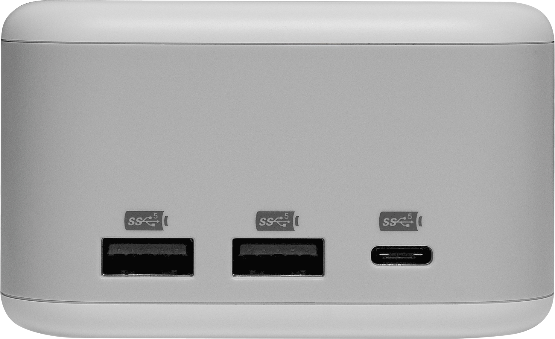 Een wit apparaat met USB-poorten. Twee USB-A en één USB-C poort zijn zichtbaar.