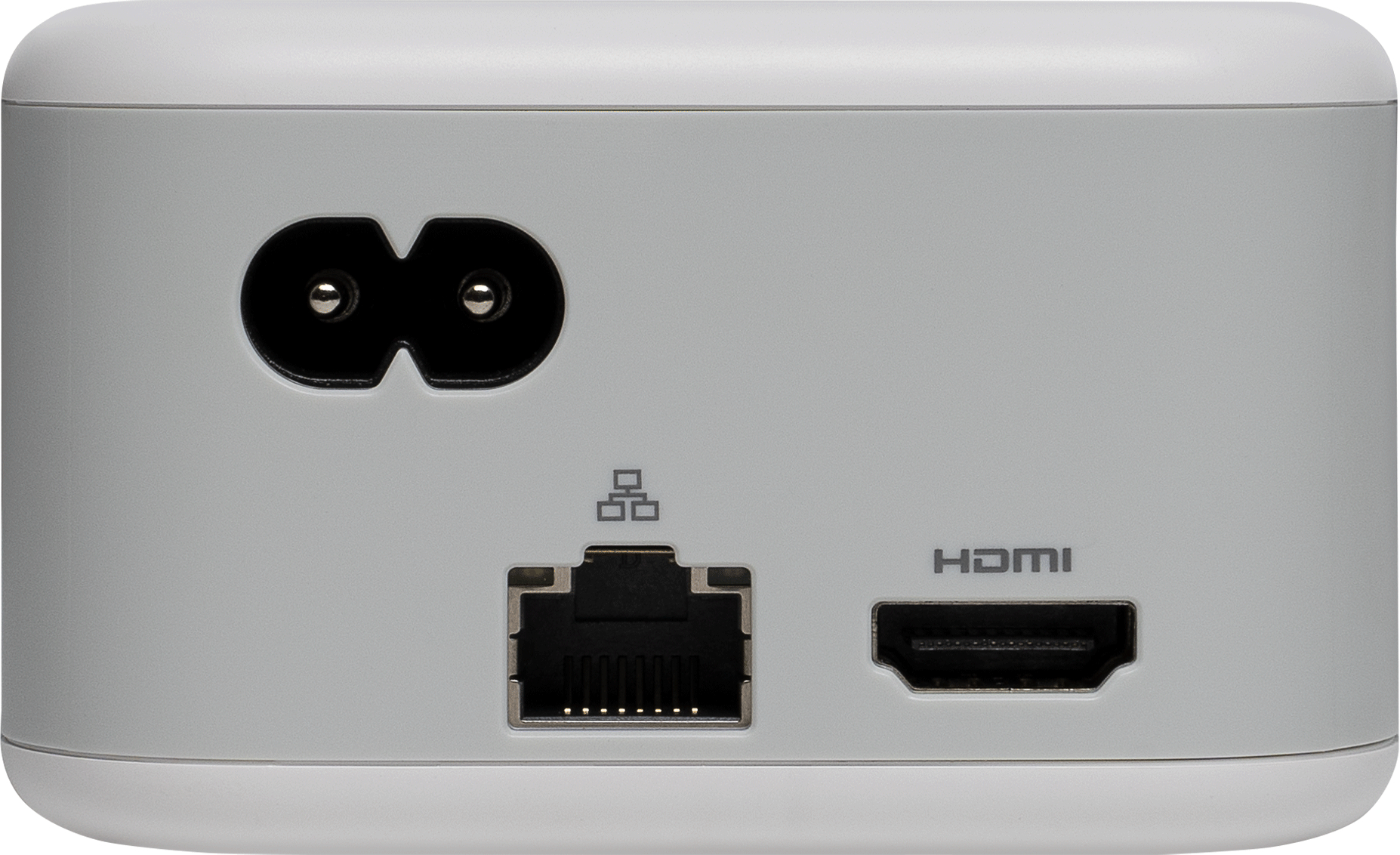 Witte achterkant van het apparaat met stroom-, Ethernet- en HDMI-poorten, tegen een witte achtergrond.