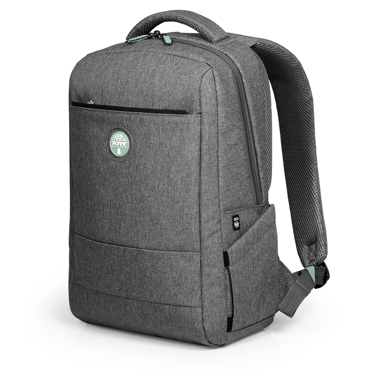 Zaino grigio con logo verde e cerniere, su sfondo bianco.