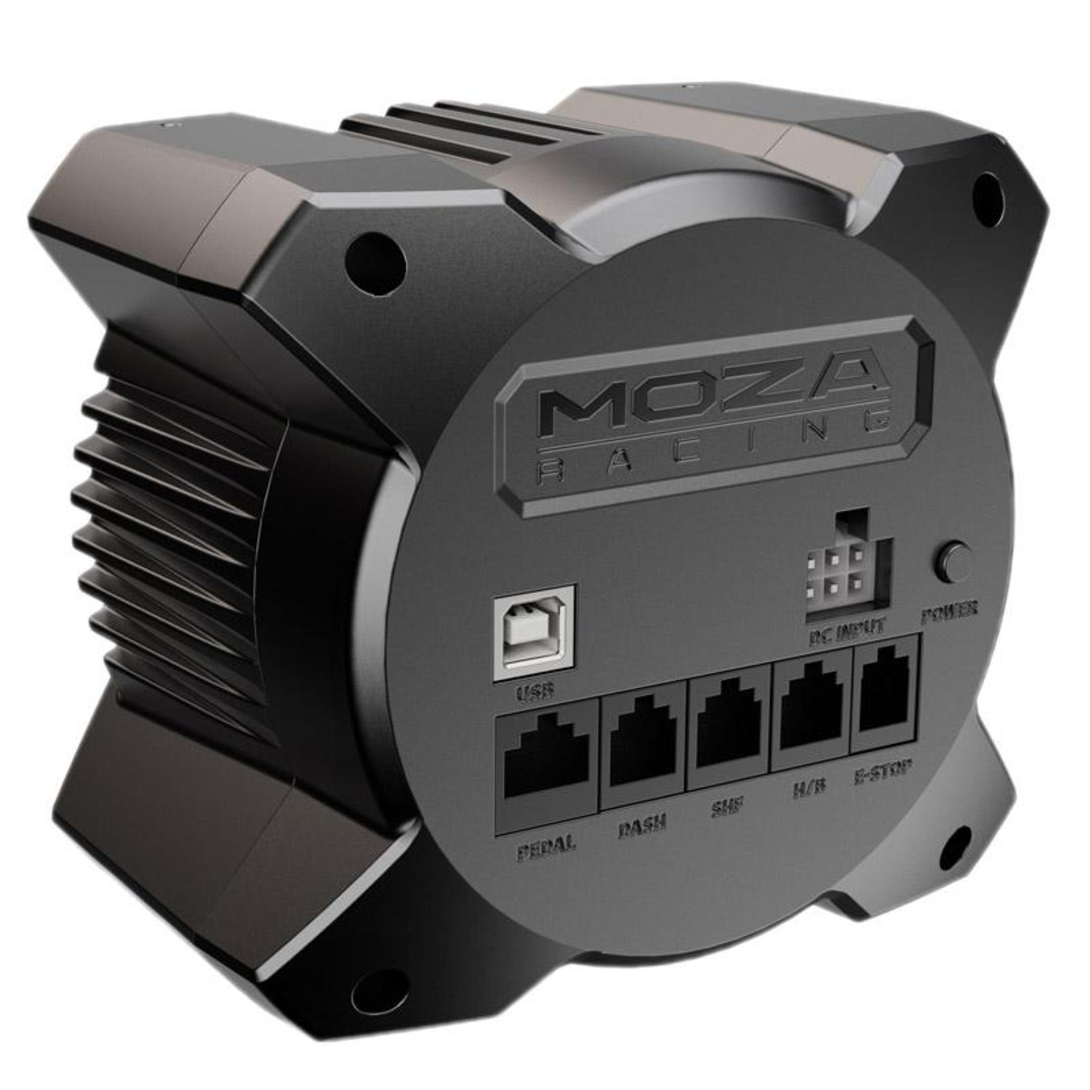 Base de roue MOZA Racing noire, avec USB, alimentation et autres ports.