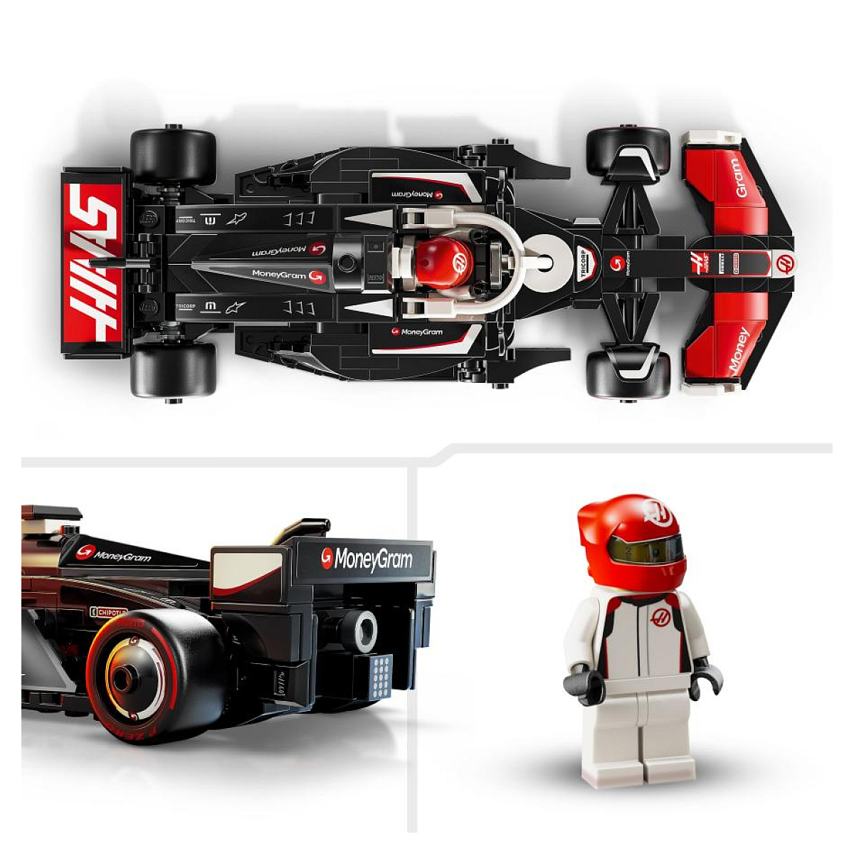 Widoki z góry i z boku czarnego i czerwonego samochodu wyścigowego Lego z figurką kierowcy.