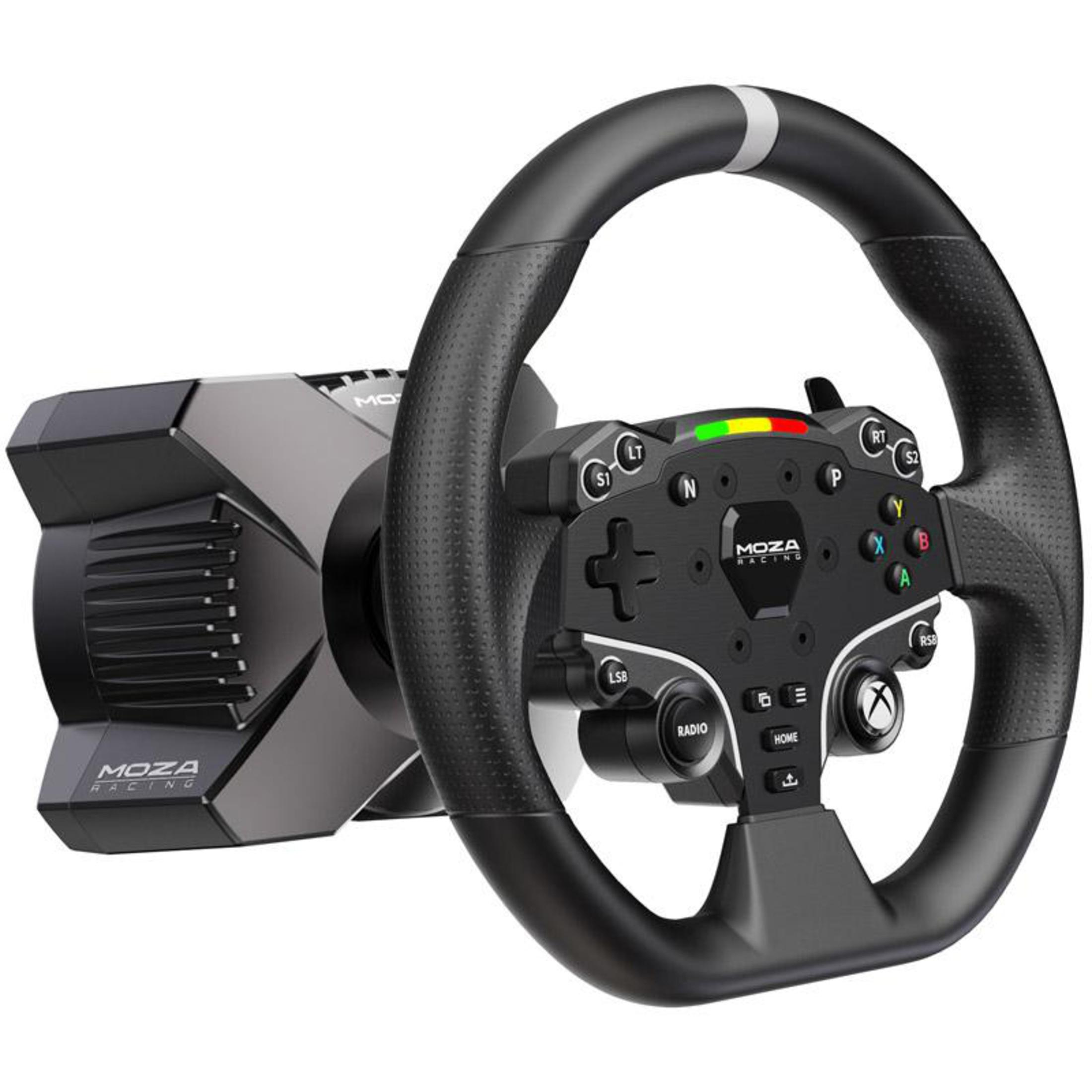 Un volant de course noir avec des boutons, une base noire et le logo Moza Racing.