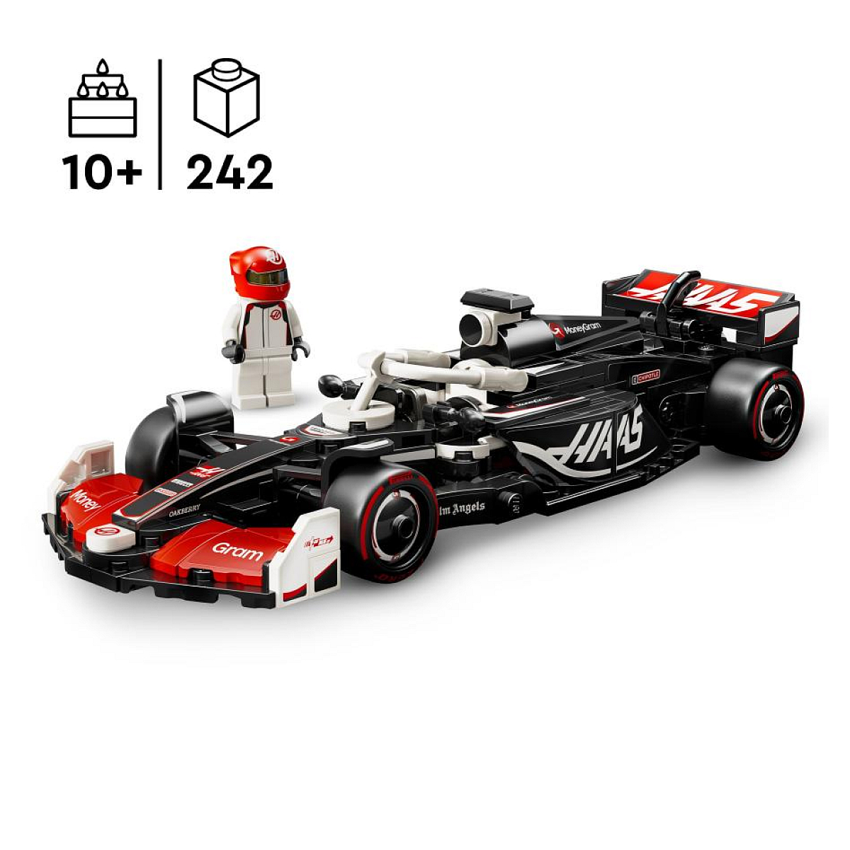 Model Lego Haas F1 z minifigurką. Kolory czarny i czerwony. Białe tło.