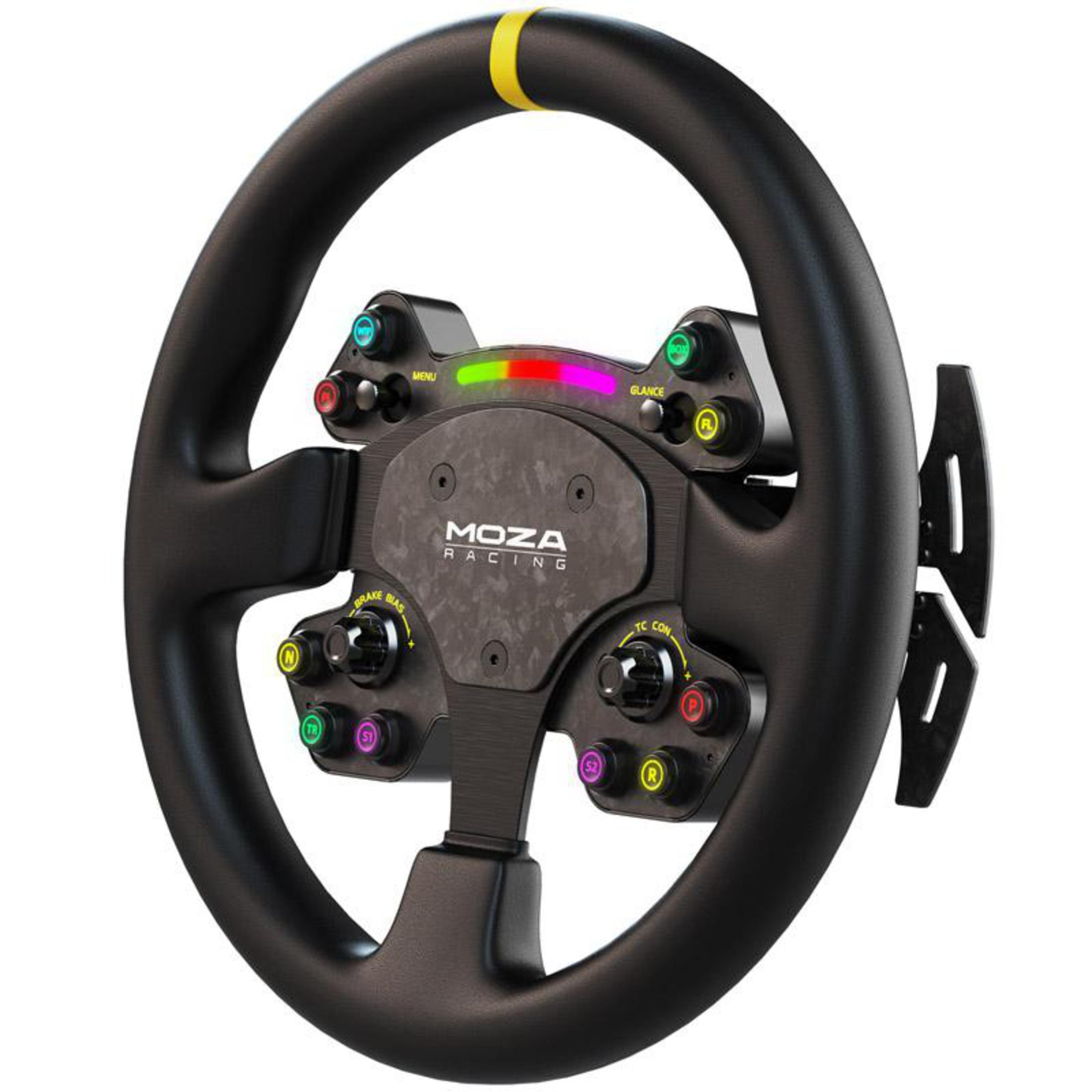Un volant noir avec boutons et commandes. Il porte le logo MOZA RACING.