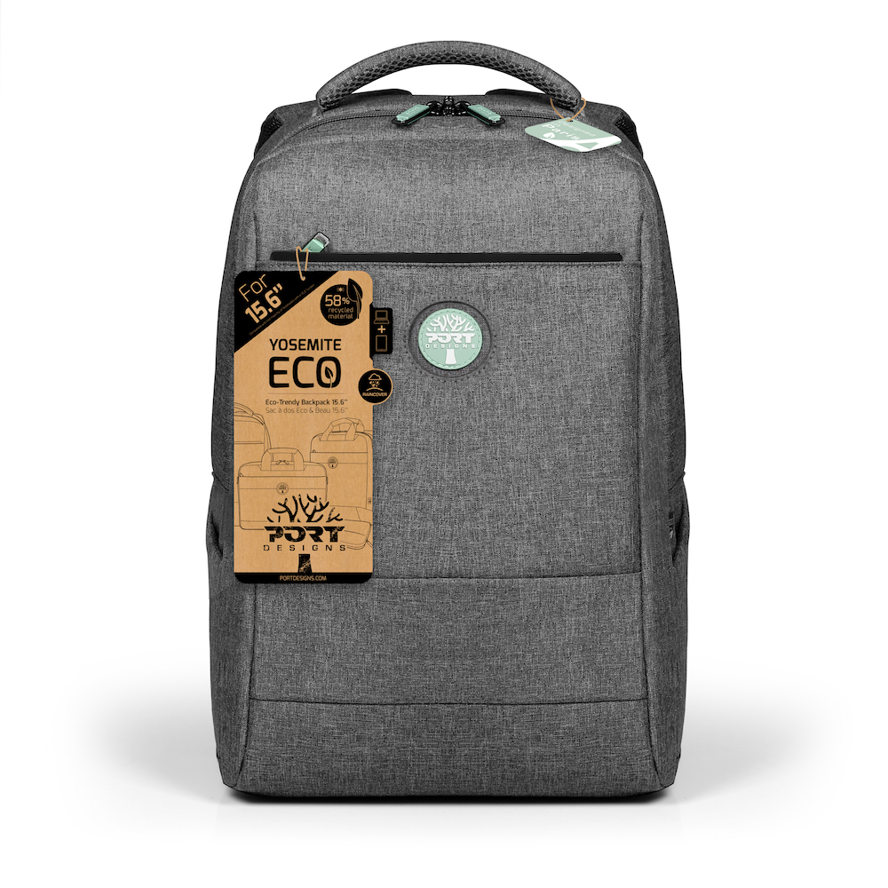 Uno zaino grigio con tasca laterale ed etichette, con la scritta 'YOSEMITE ECO' e il logo Port Designs.