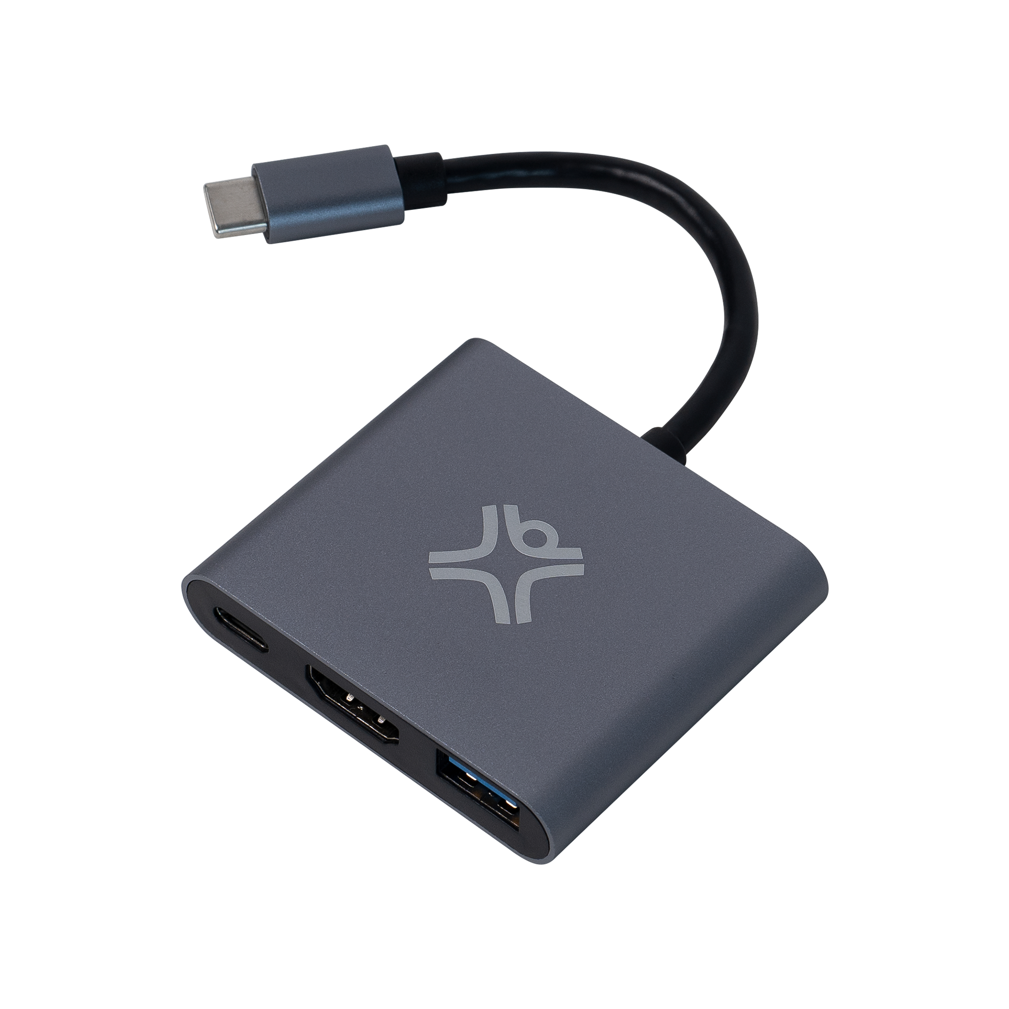 Een grijze USB-C hub met USB-, HDMI- en USB-C-poorten. Het heeft een zwarte kabel en een C-type connector.