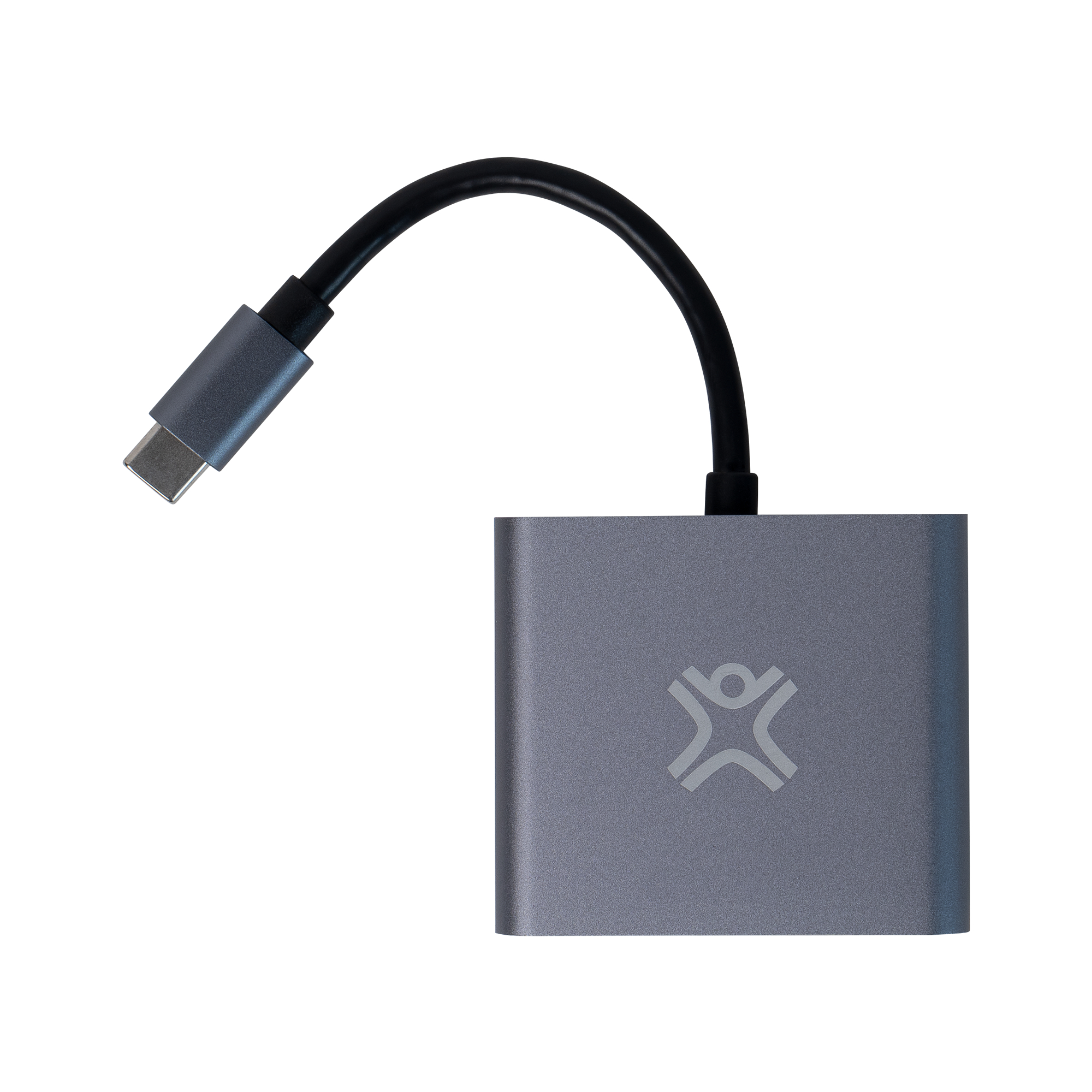 Een grijze USB-C-adapter met een zwarte kabel op een witte achtergrond.
