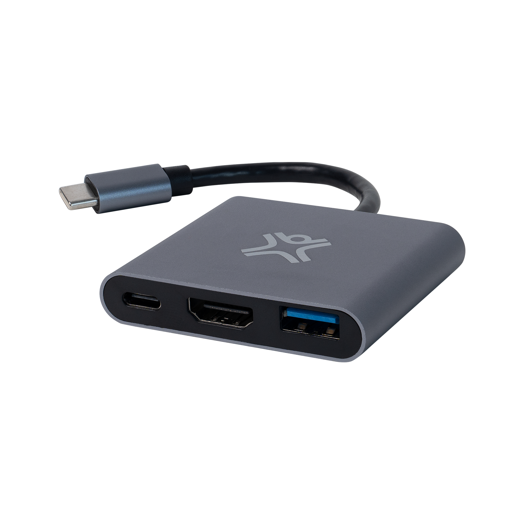 Een grijze USB-C hub met HDMI- en USB-poorten.