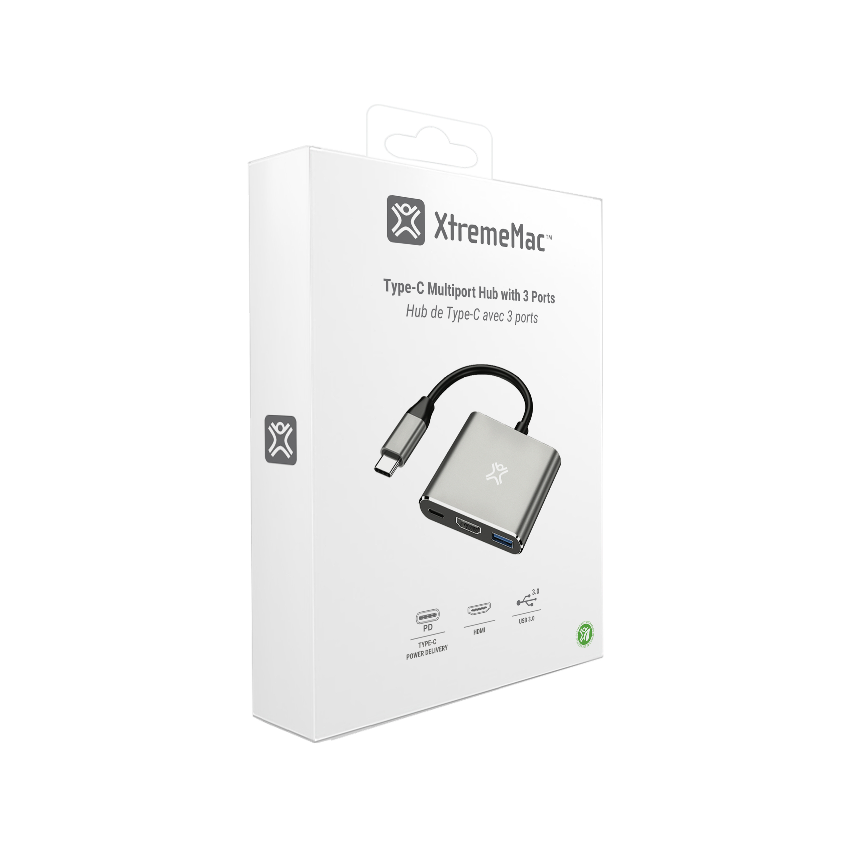 Type-C multiport hub met 3 poorten. De doos en hub zijn zilver en zwart. Witte achtergrond.