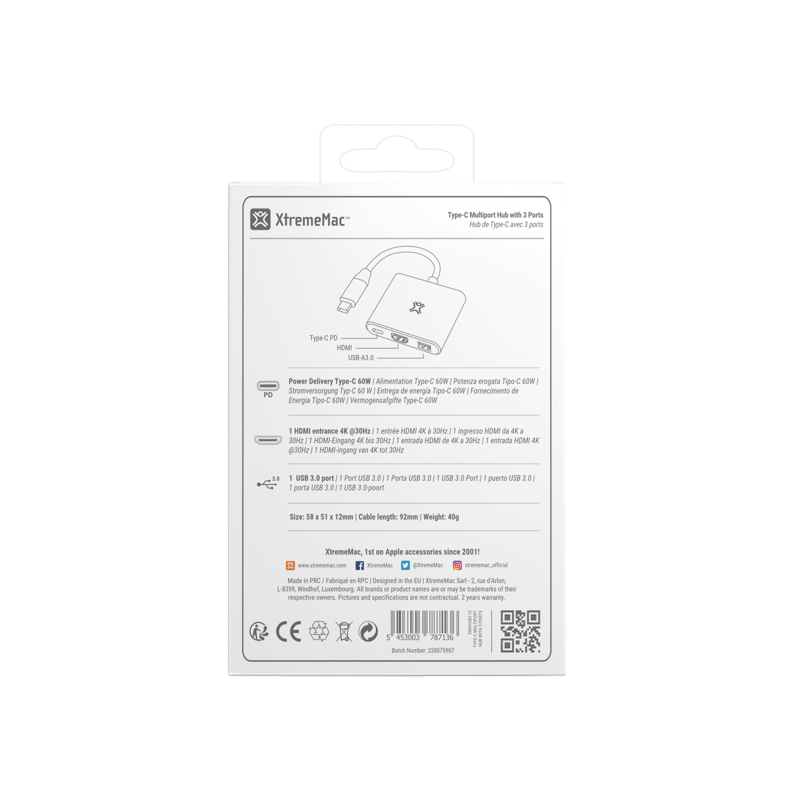 Type-C multiport hub met 3 poorten op een witte achtergrond, met productdetails en specificaties.