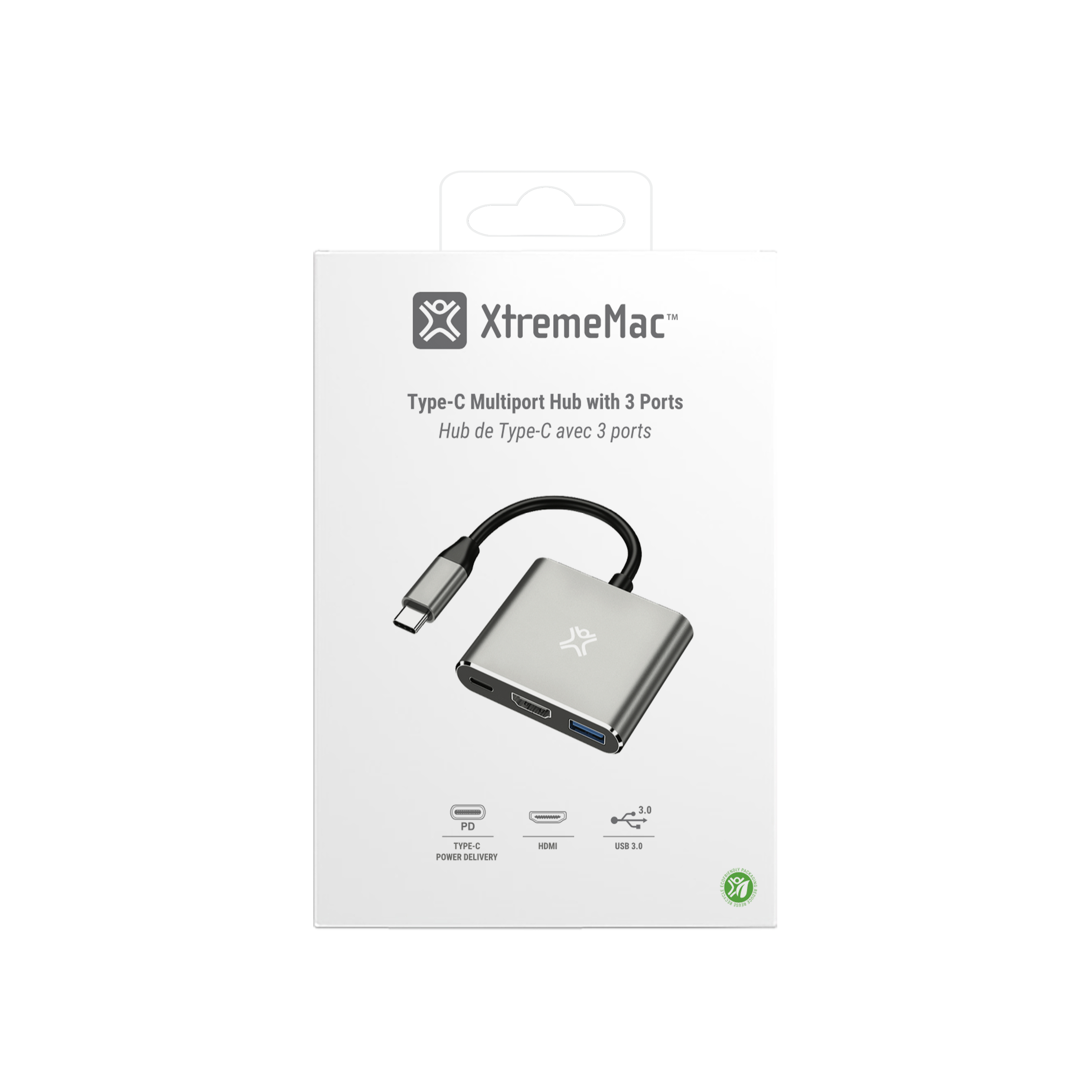 Een zilveren Type-C multiport hub met een zwarte kabel en het XtremeMac logo.
