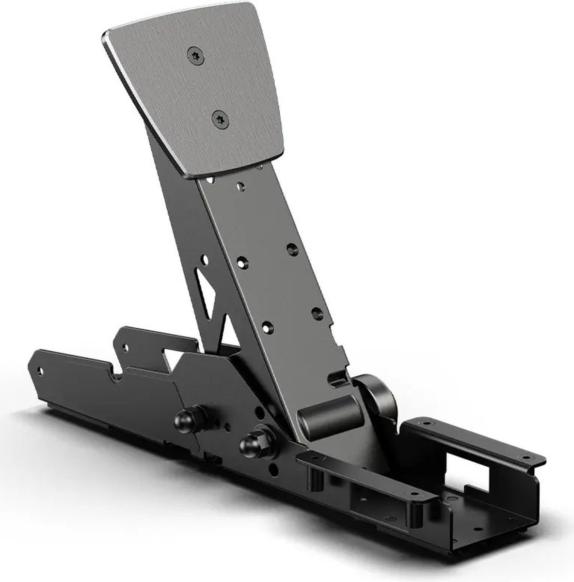 Un meccanismo pieghevole in metallo nero, con pedale argentato e hardware di montaggio.
