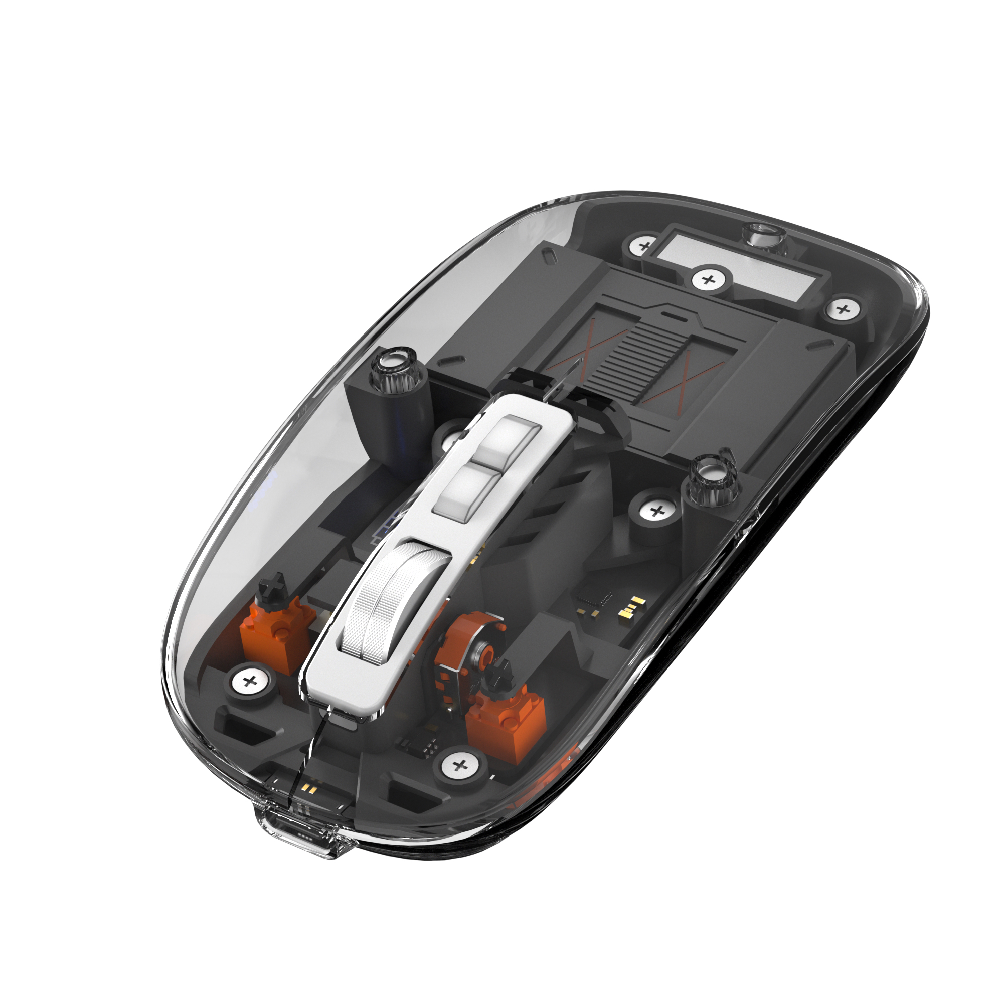 Close-up of a partially transparent mouse, showing internal components, with screws and orange details.