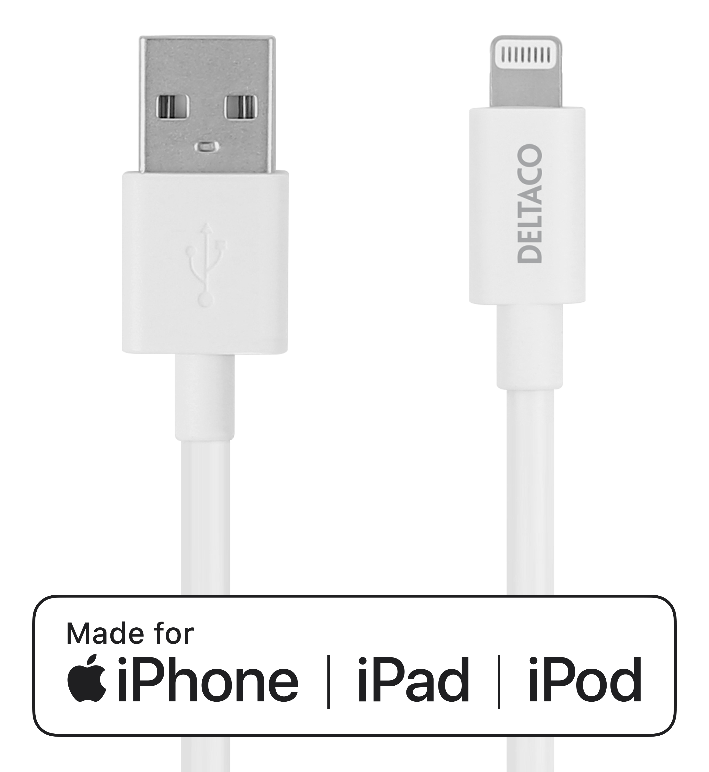 Cavo da USB a Lightning bianco. Made for iPhone, iPad e iPod è stampato in basso.