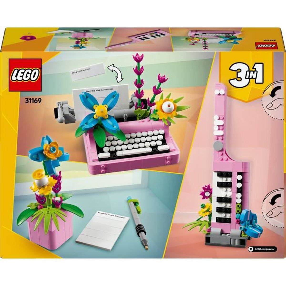 Un set de Lego de una máquina de escribir rosa y otros modelos florales, con instrucciones.