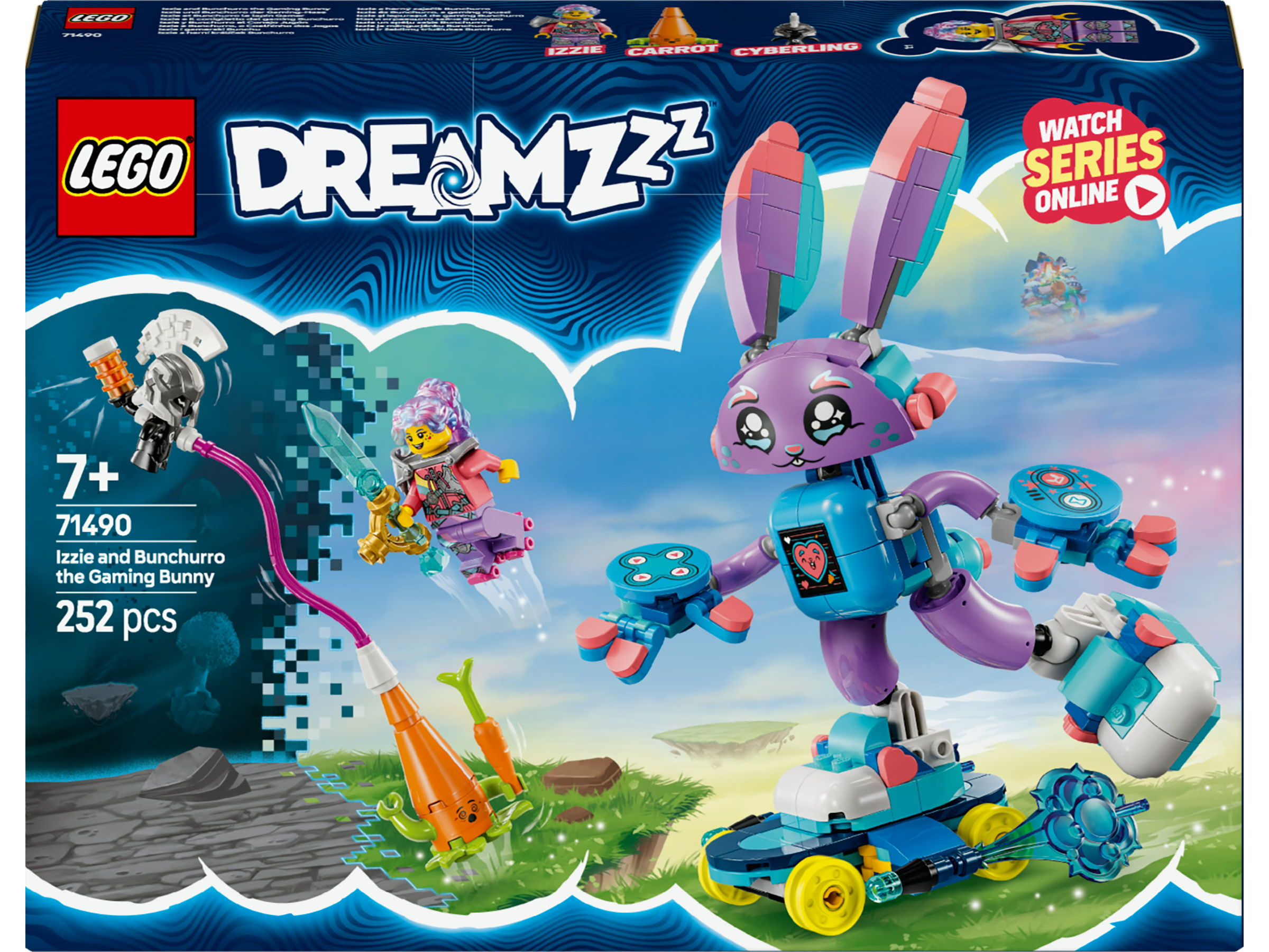 Zestaw Lego Dreamzzz z fioletowym królikiem, dziewczynką i pojazdem z marchewki.